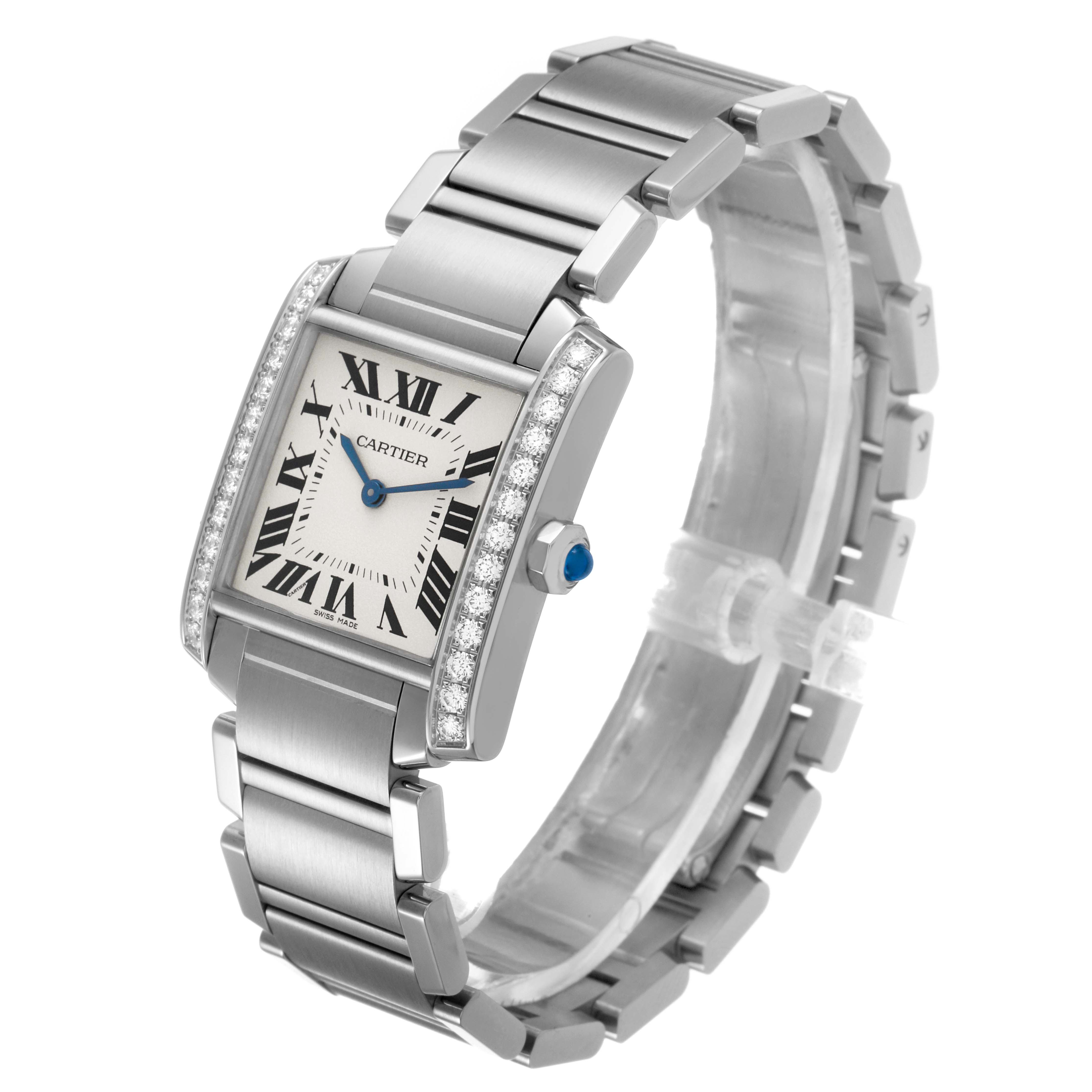 The Cartier Tank Française watch is shown at a three-quarter angle, displaying its face, bracelet, and diamond-set case.