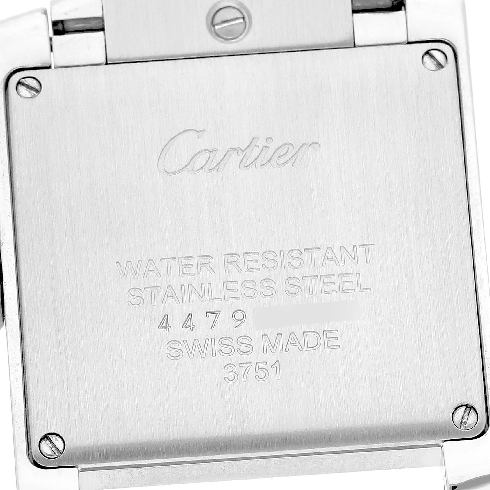 The image shows the back of a Cartier Tank Française watch, highlighting its water resistance and stainless steel features.
