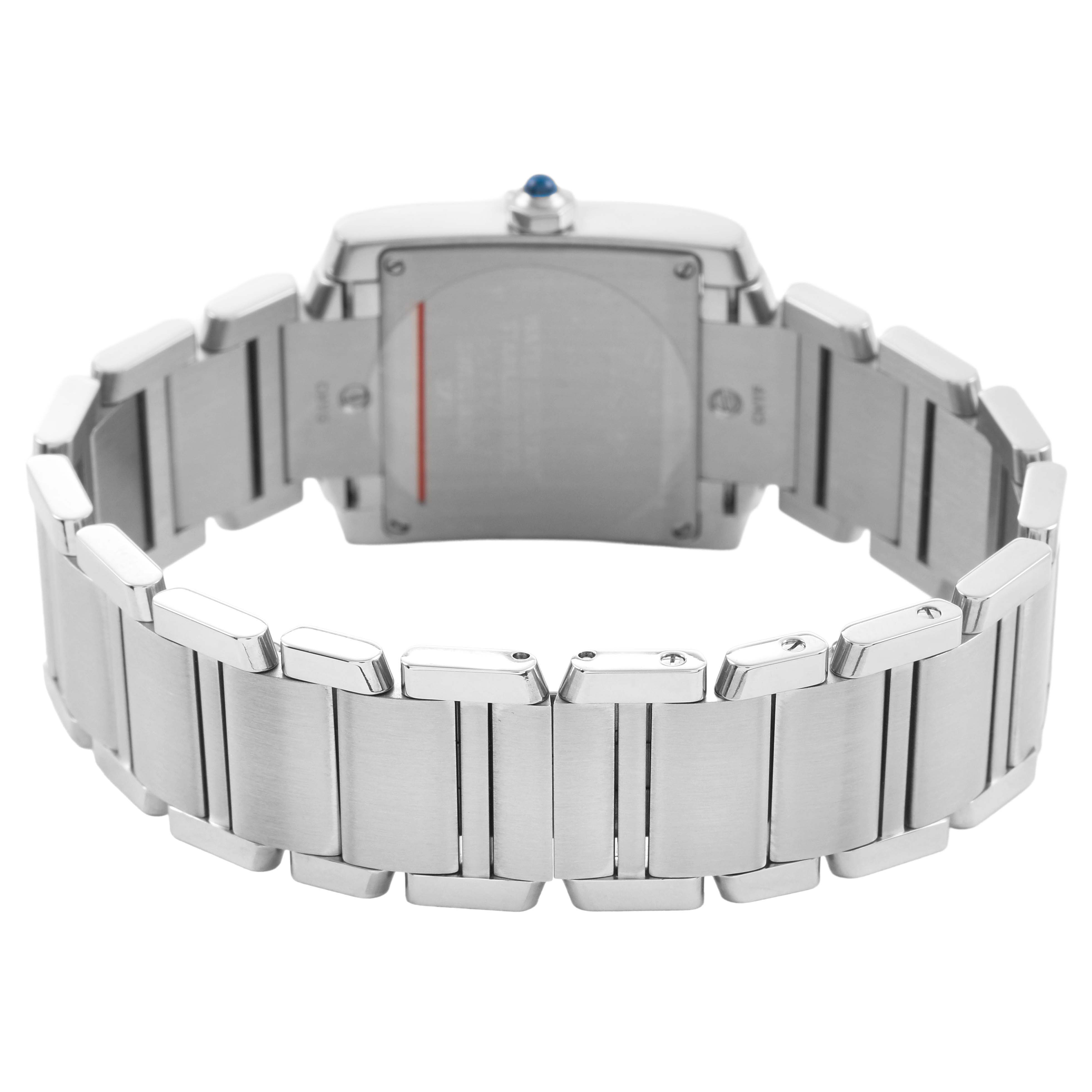 The image shows the back and bracelet of a Cartier Tank Française watch, highlighting the links and clasp area.