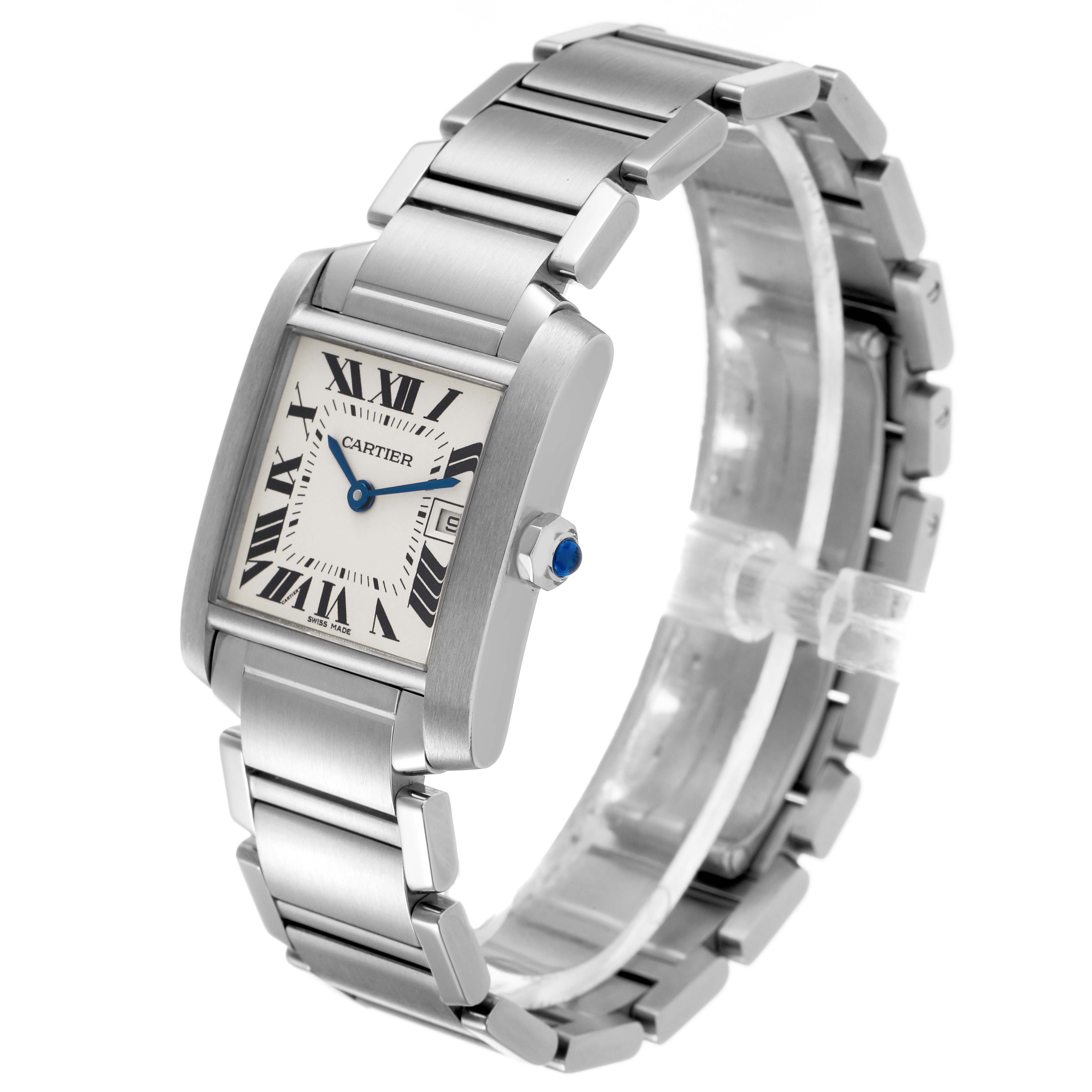 The Cartier Tank Francaise W51011Q3 Women's Stainless Steel Silver Dial watch is shown from a three-quarter angle, displaying its face, bracelet, and crown with a blue gemstone.