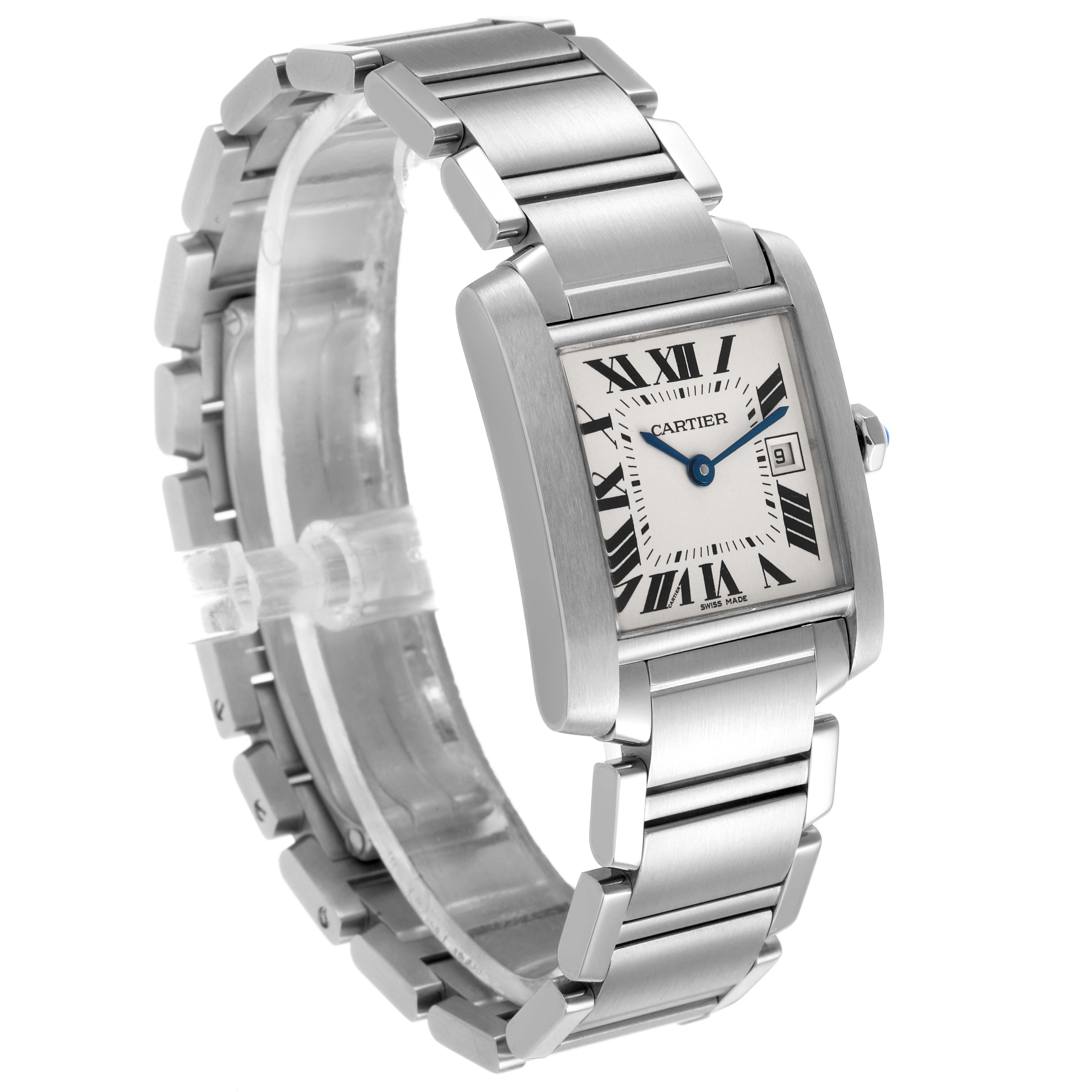 The Cartier Tank Française watch is shown at a three-quarter angle featuring the face, strap, and side crown.
