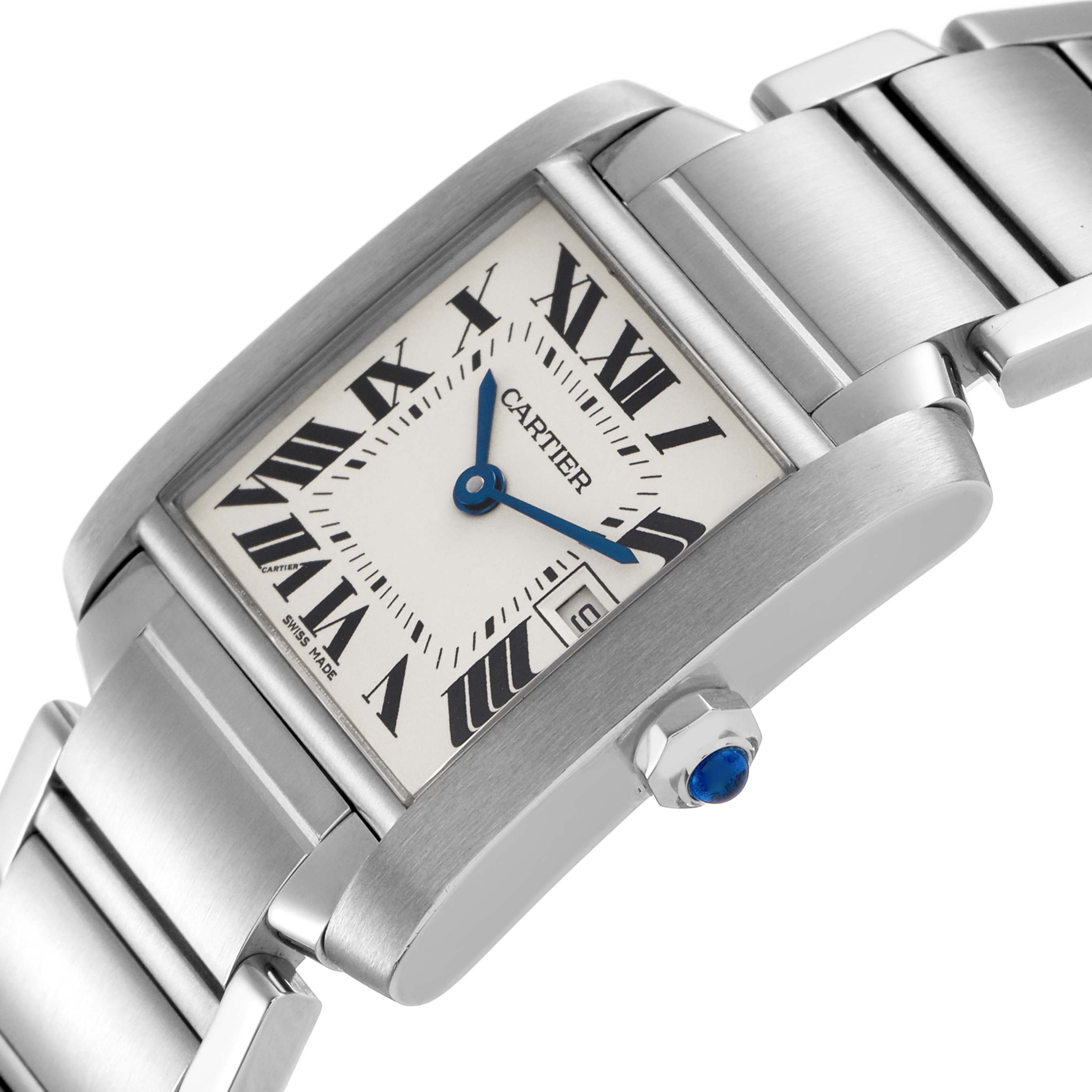 The Cartier Tank Française watch is shown at an angled close-up, highlighting the dial, hands, bracelet, and crown with blue cabochon.