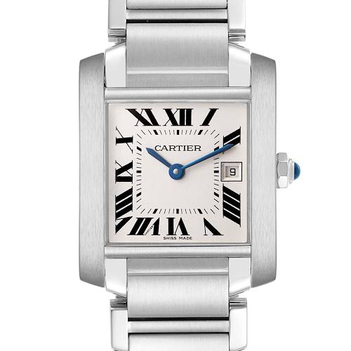 The Cartier Tank Française is shown from the front, displaying the face, Roman numerals, date window, and part of the bracelet.