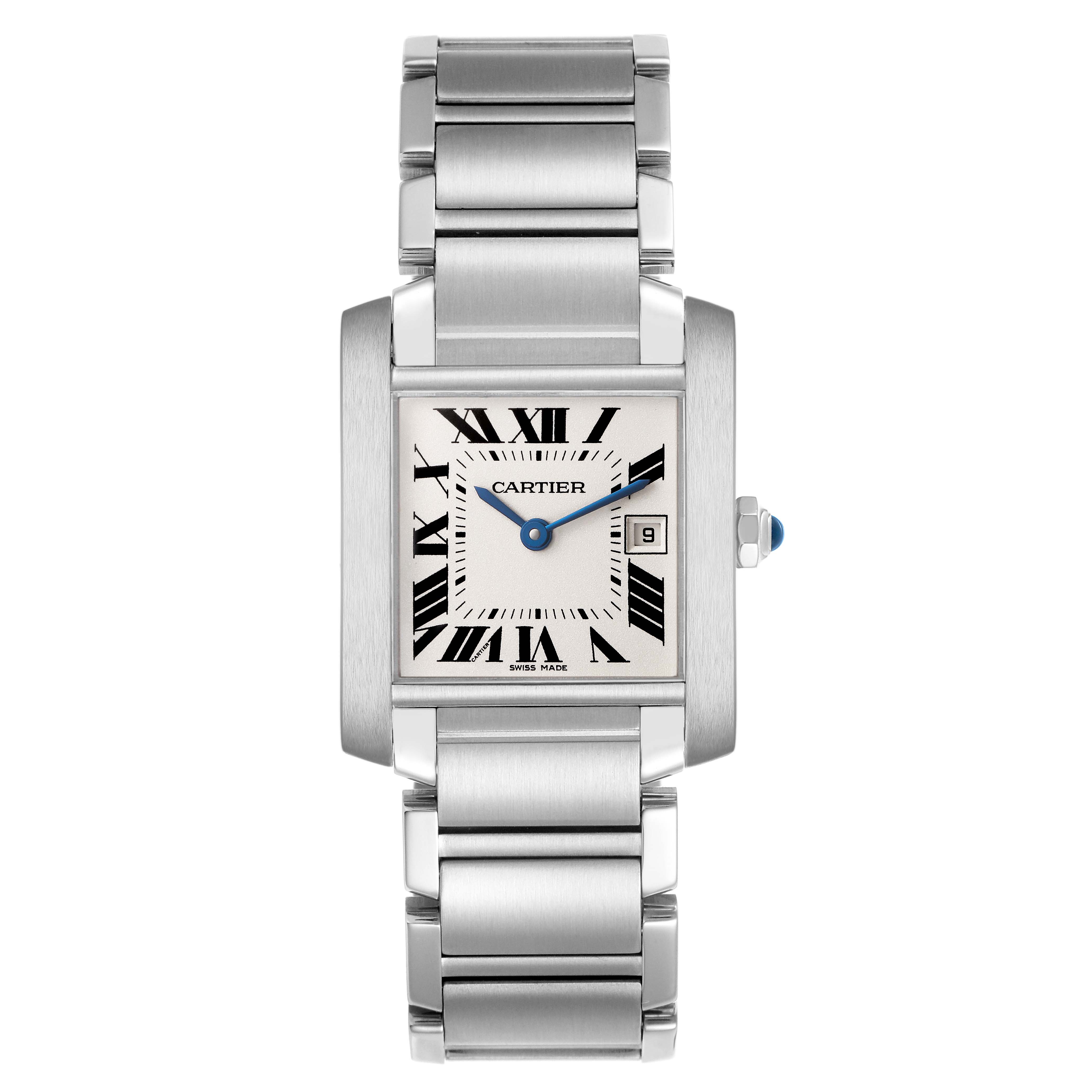 The Cartier Tank Francaise W51011Q3 Women's Stainless Steel Silver Dial watch is shown from a front angle, displaying the face, bracelet, and side crown.