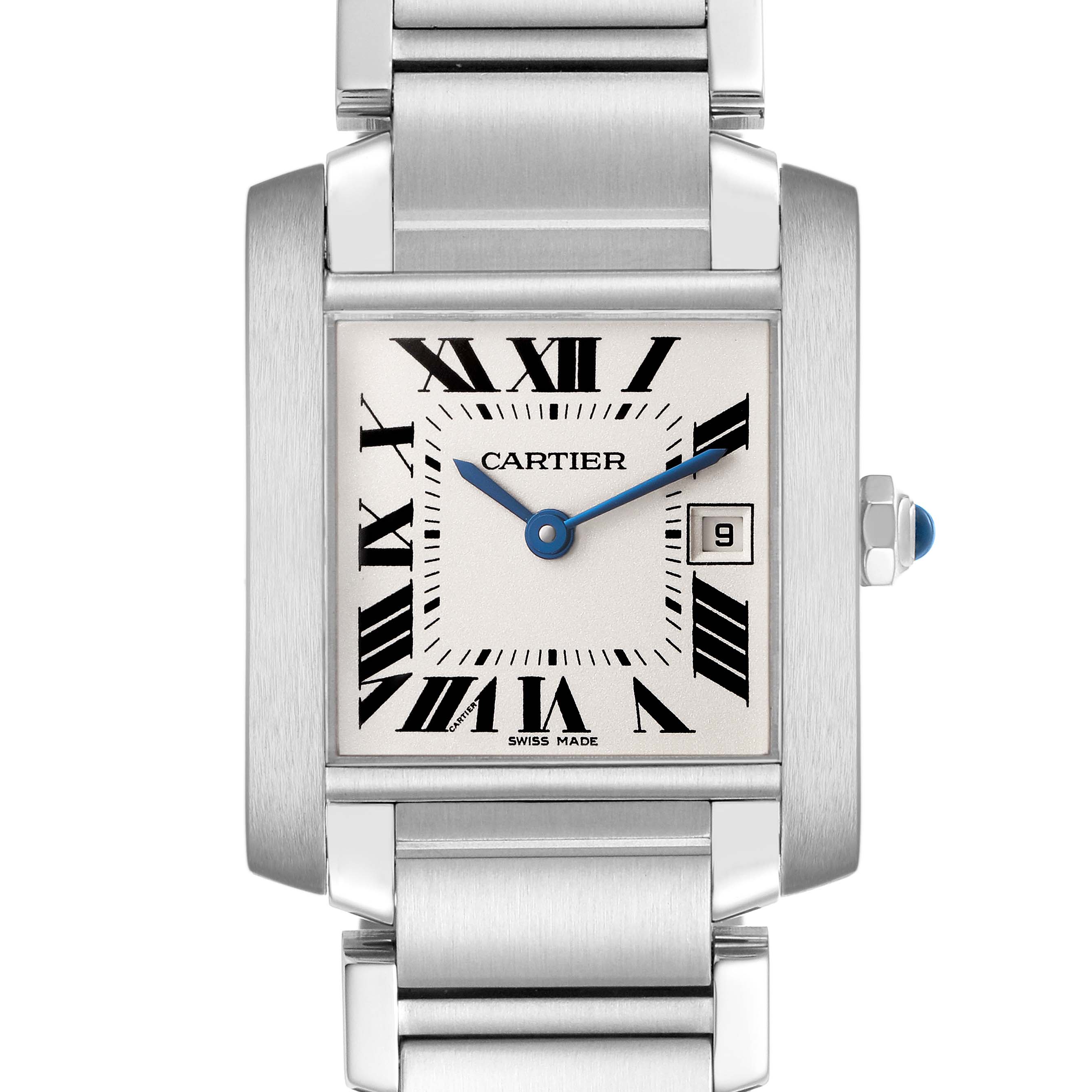 The Cartier Tank Francaise W51011Q3 Women's Stainless Steel Silver Dial watch is shown front-facing, highlighting the dial, Roman numerals, hands, and bracelet.