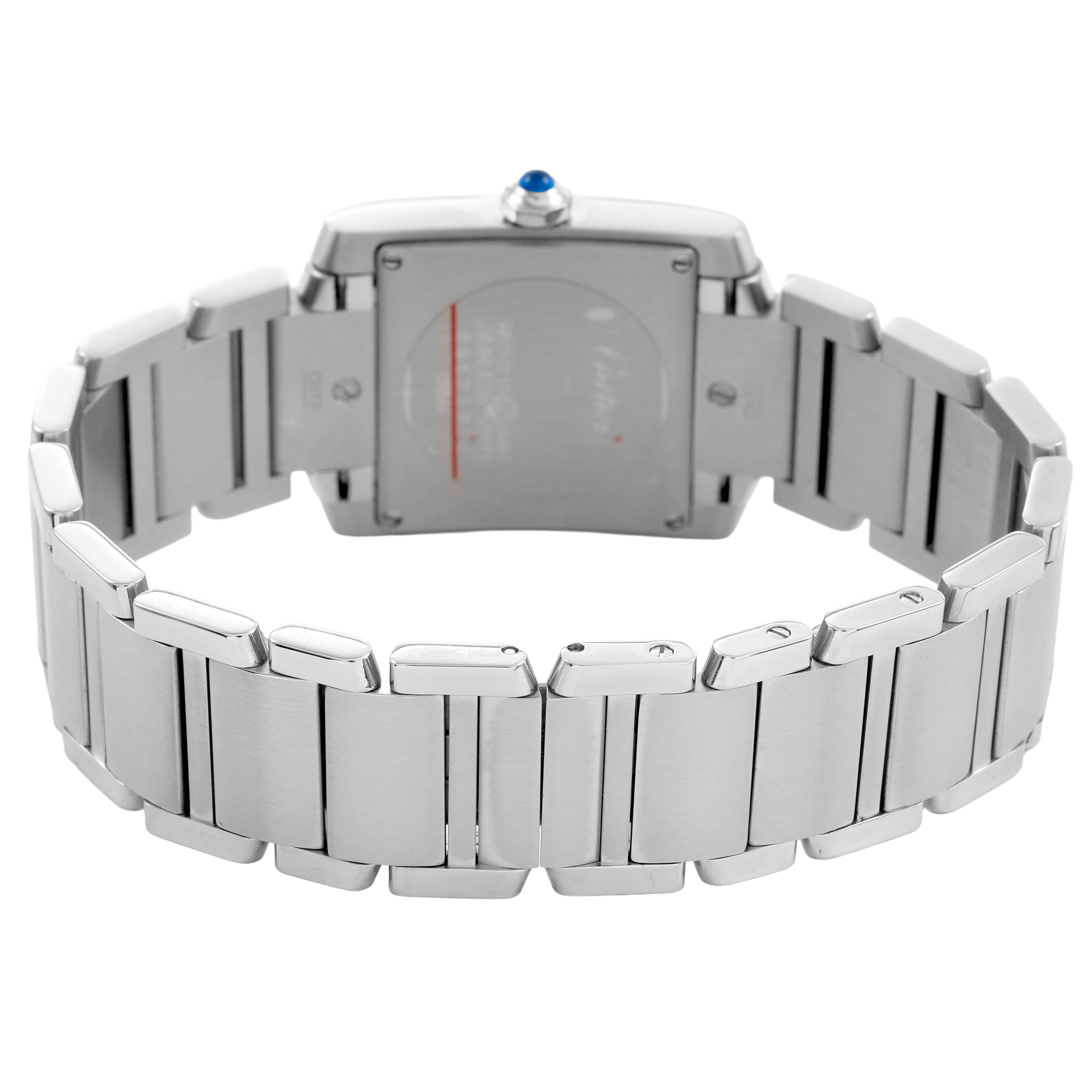 The Cartier Tank Francaise W51011Q3 Women's Stainless Steel Silver Dial watch is shown from the back, highlighting the stainless steel bracelet and case back.