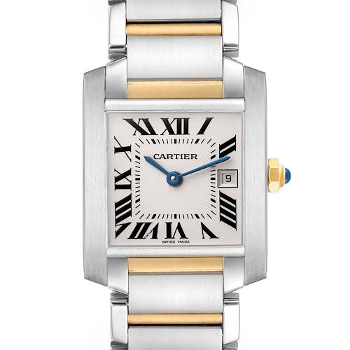 The Cartier Tank Française watch is shown from the front, highlighting its square face, Roman numerals, two-tone bracelet, and crown.