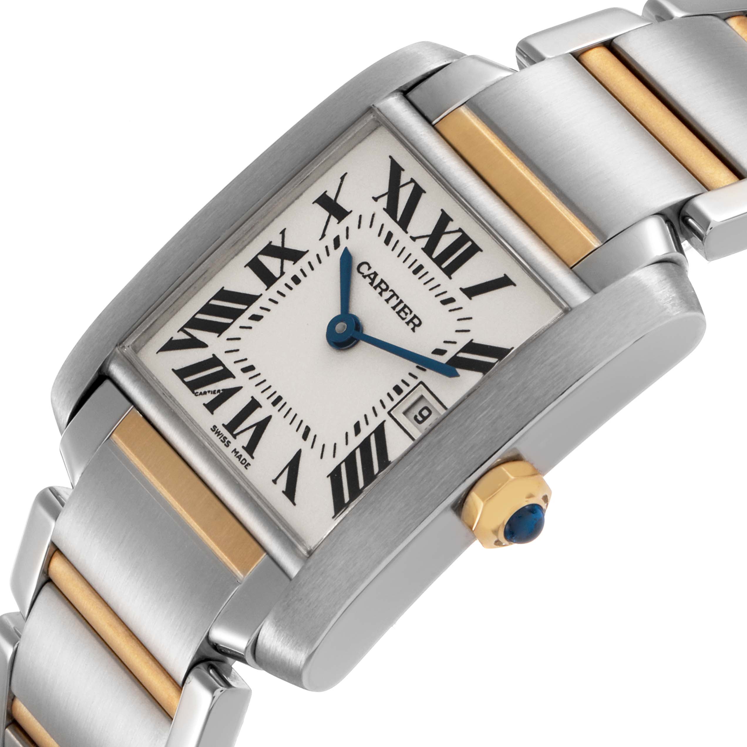 The Cartier Tank Francaise W51012Q4 Women's Steel and Gold (two tone) Silver Dial watch is shown from an angled side view, highlighting the face, crown, and part of the bracelet.