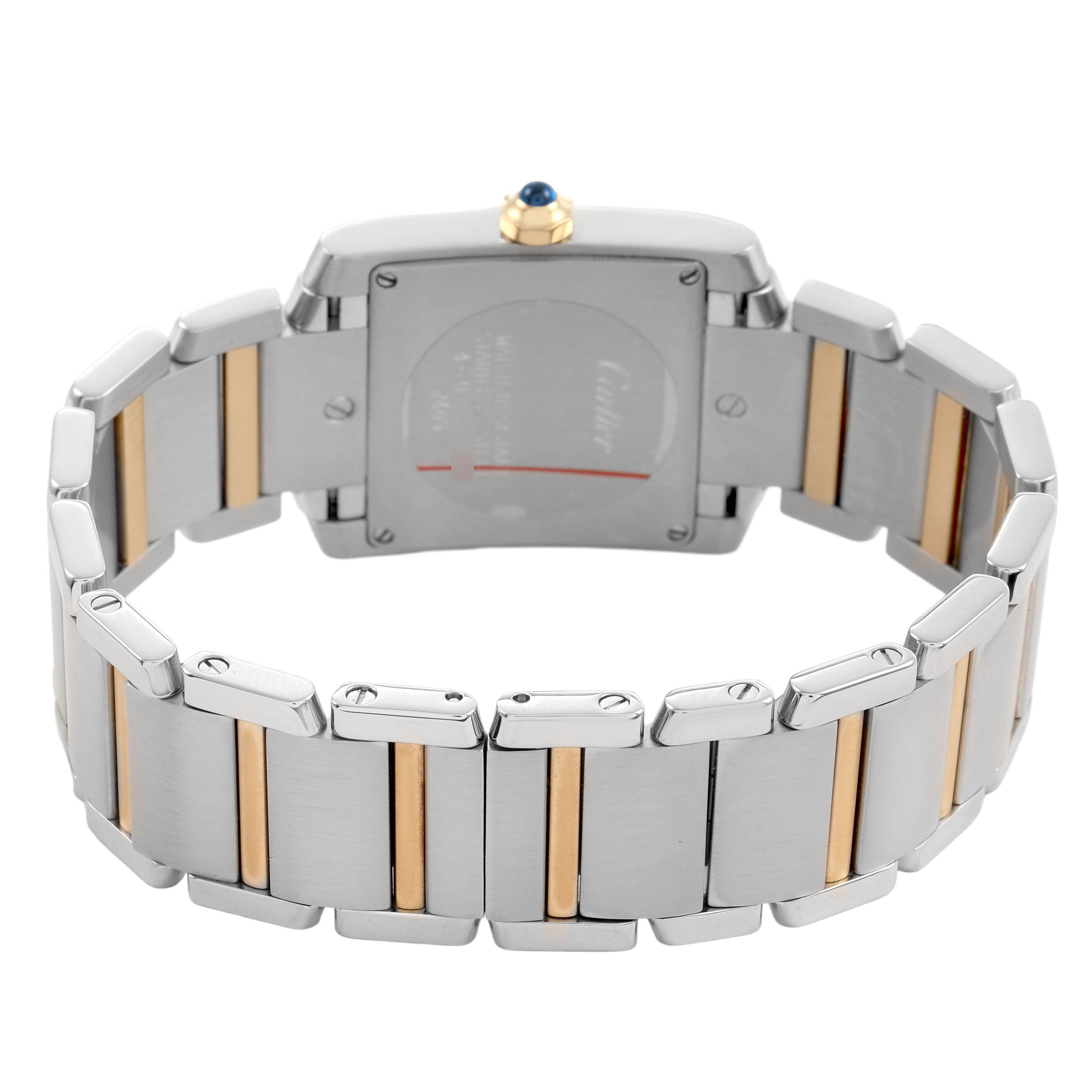 The image shows the back of the Cartier Tank Française watch, highlighting its two-tone bracelet and caseback.
