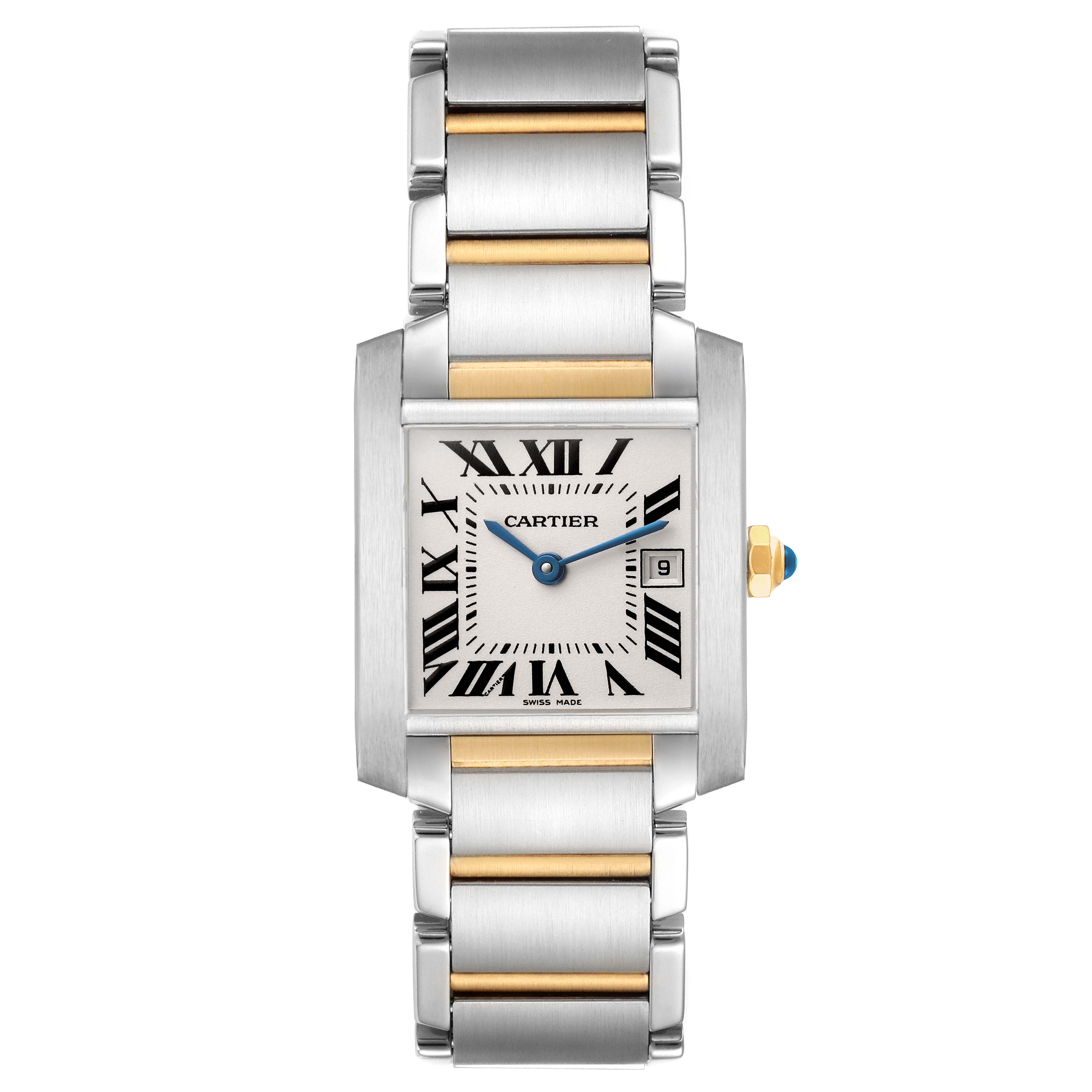 The Cartier Tank Française watch is shown from the front, displaying its rectangular face, Roman numerals, and metal bracelet.