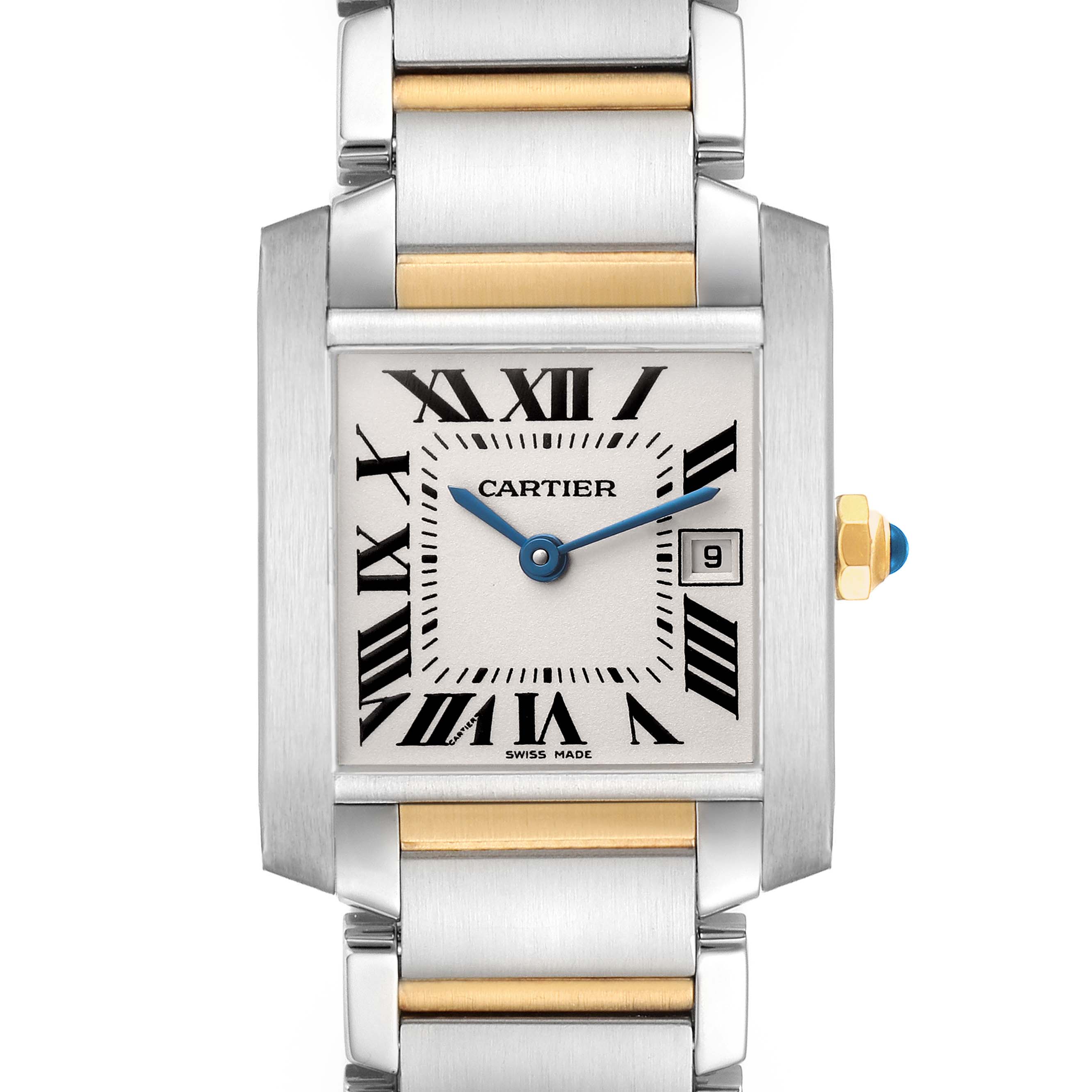The Cartier Tank Française watch is shown from a front angle, highlighting its rectangular face, Roman numerals, and two-tone bracelet.