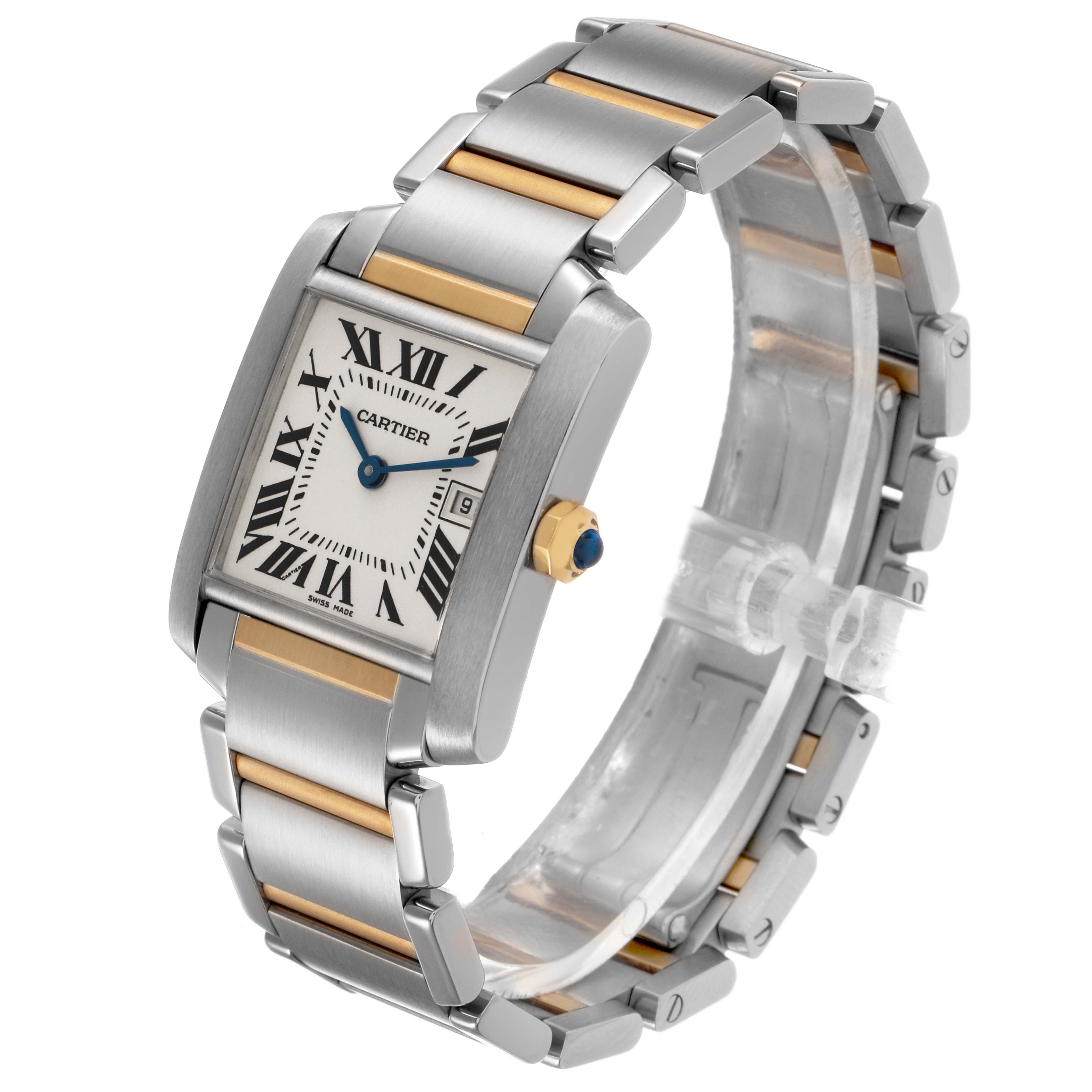 The image shows a Cartier Tank Française watch at a three-quarter angle, highlighting the face, bracelet, and crown details.