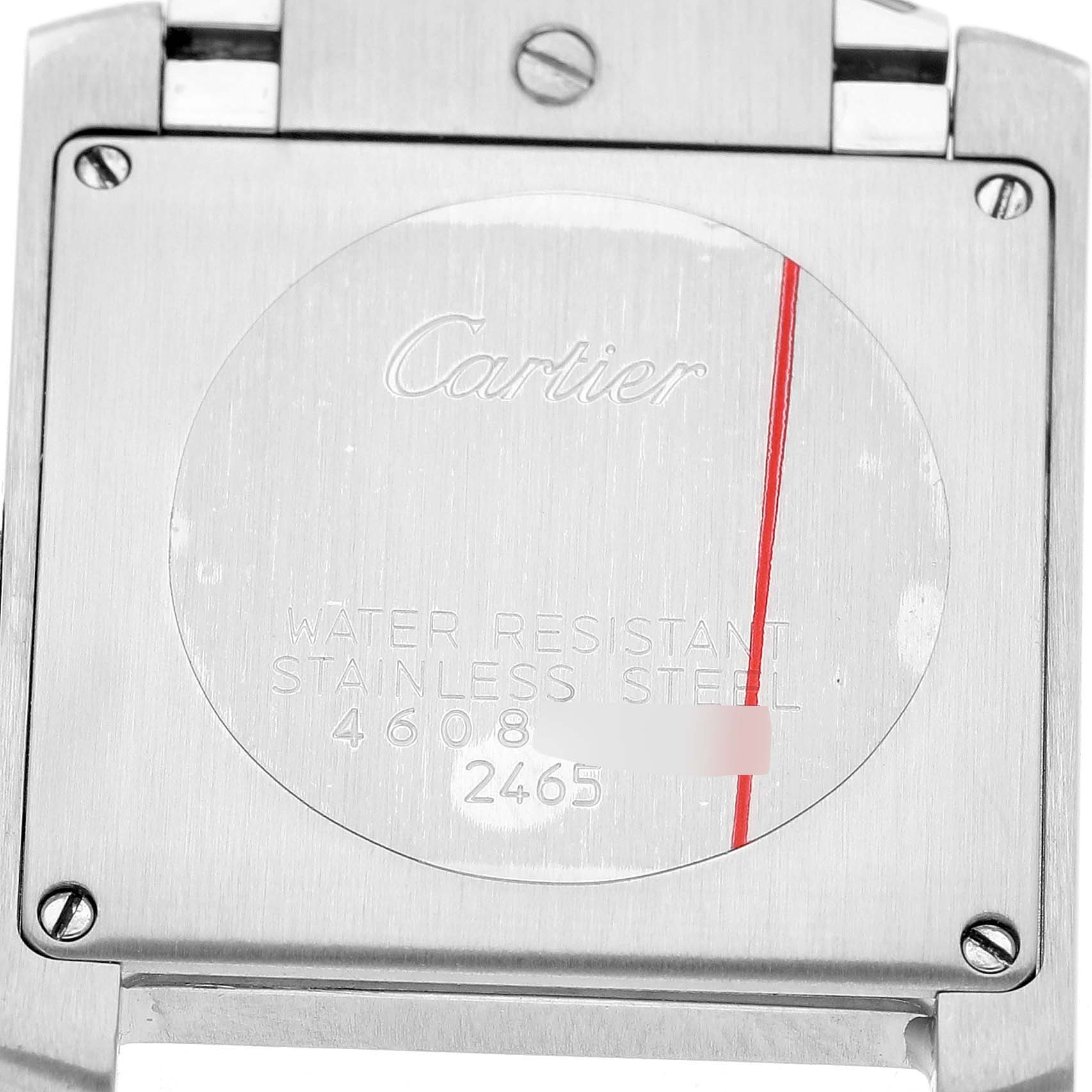 The image shows the back of a Cartier Tank Francaise W51012Q4 Women's Steel and Gold (two tone) Silver Dial watch, highlighting the stainless steel case and engravings.