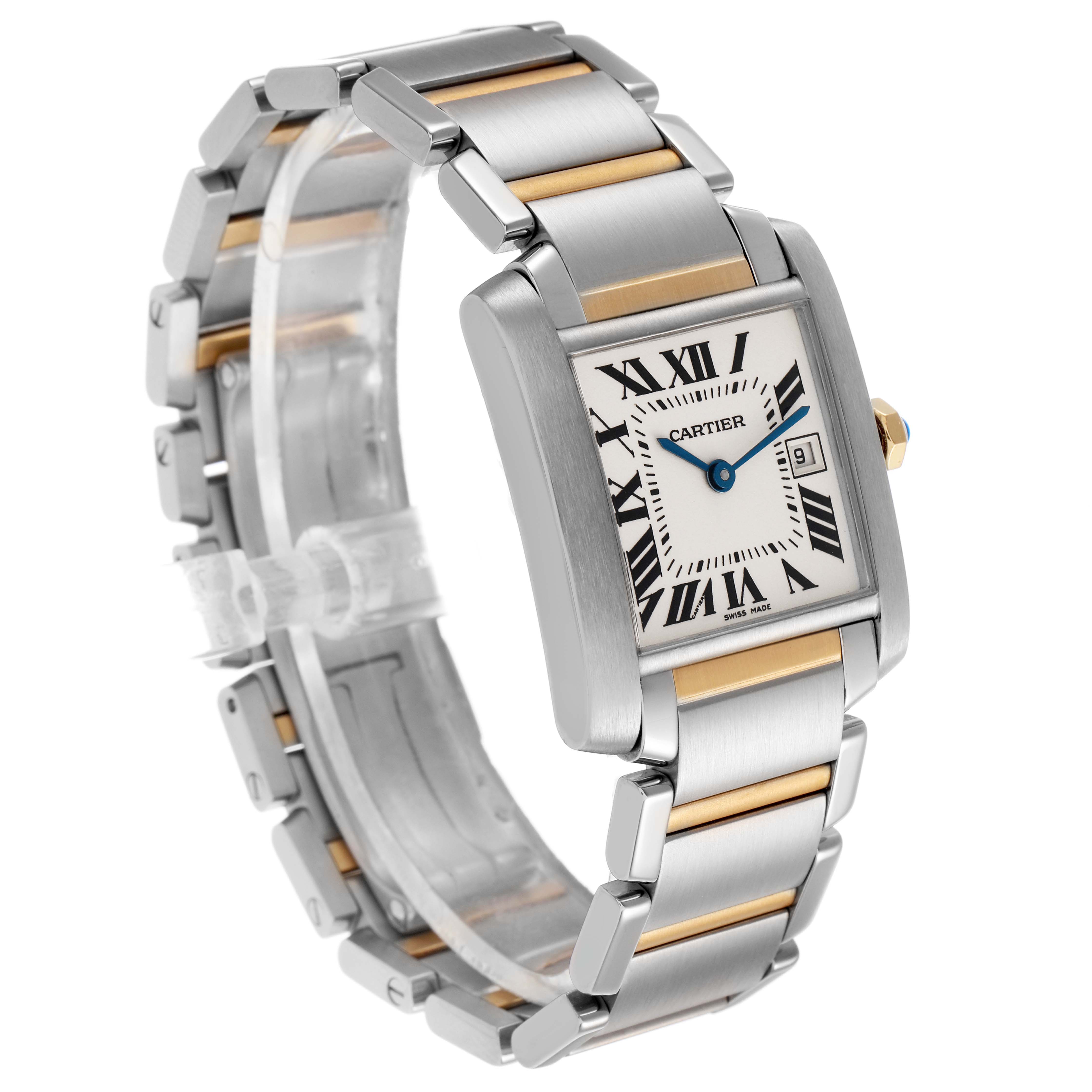 The Cartier Tank Francaise W51012Q4 Women's Steel and Gold (two tone) Silver Dial is shown in a three-quarter angle emphasizing the face, bezel, and metal bracelet.