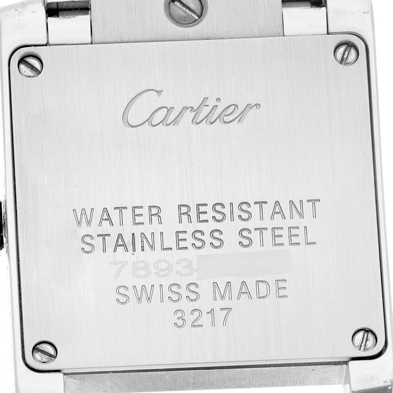 The image shows the back of a Cartier Tank Française watch, highlighting its water resistance and stainless steel features.