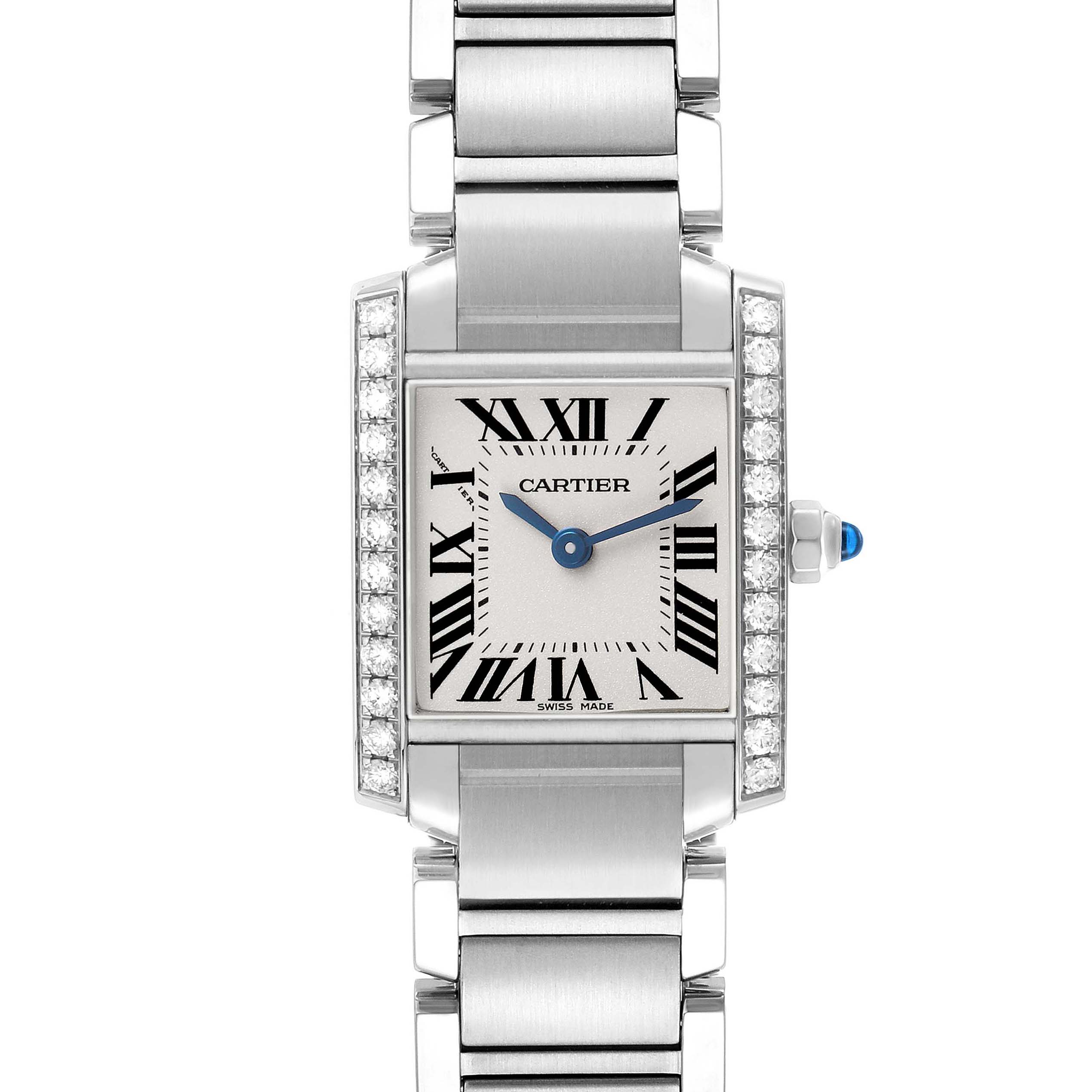 The Cartier Tank Francaise W4TA0008 Women's Stainless Steel Silver Dial watch is shown from the front, highlighting its rectangular face and metal bracelet.