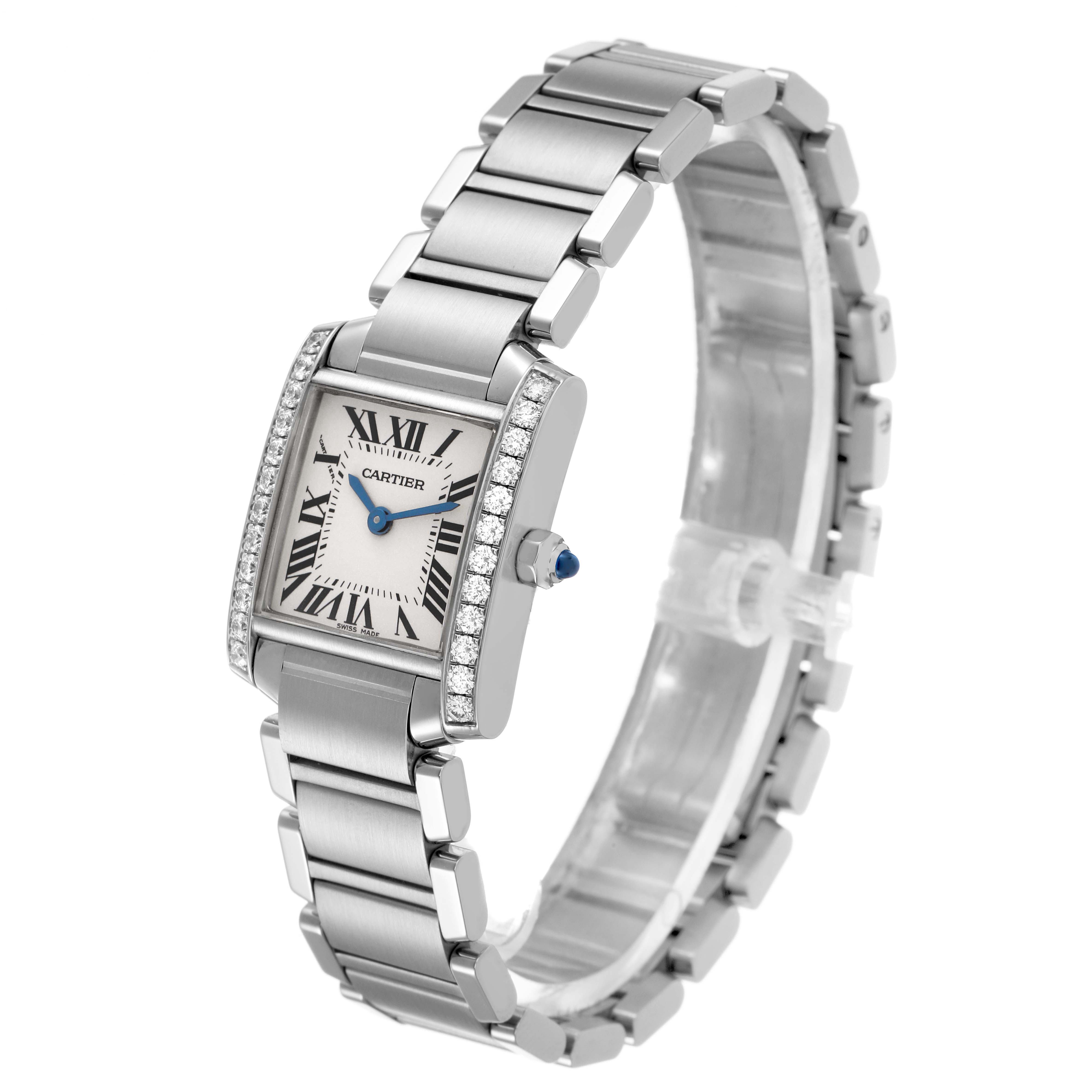 The image shows a Cartier Tank Française watch at a three-quarter angle, highlighting the face, bracelet, and side profile.