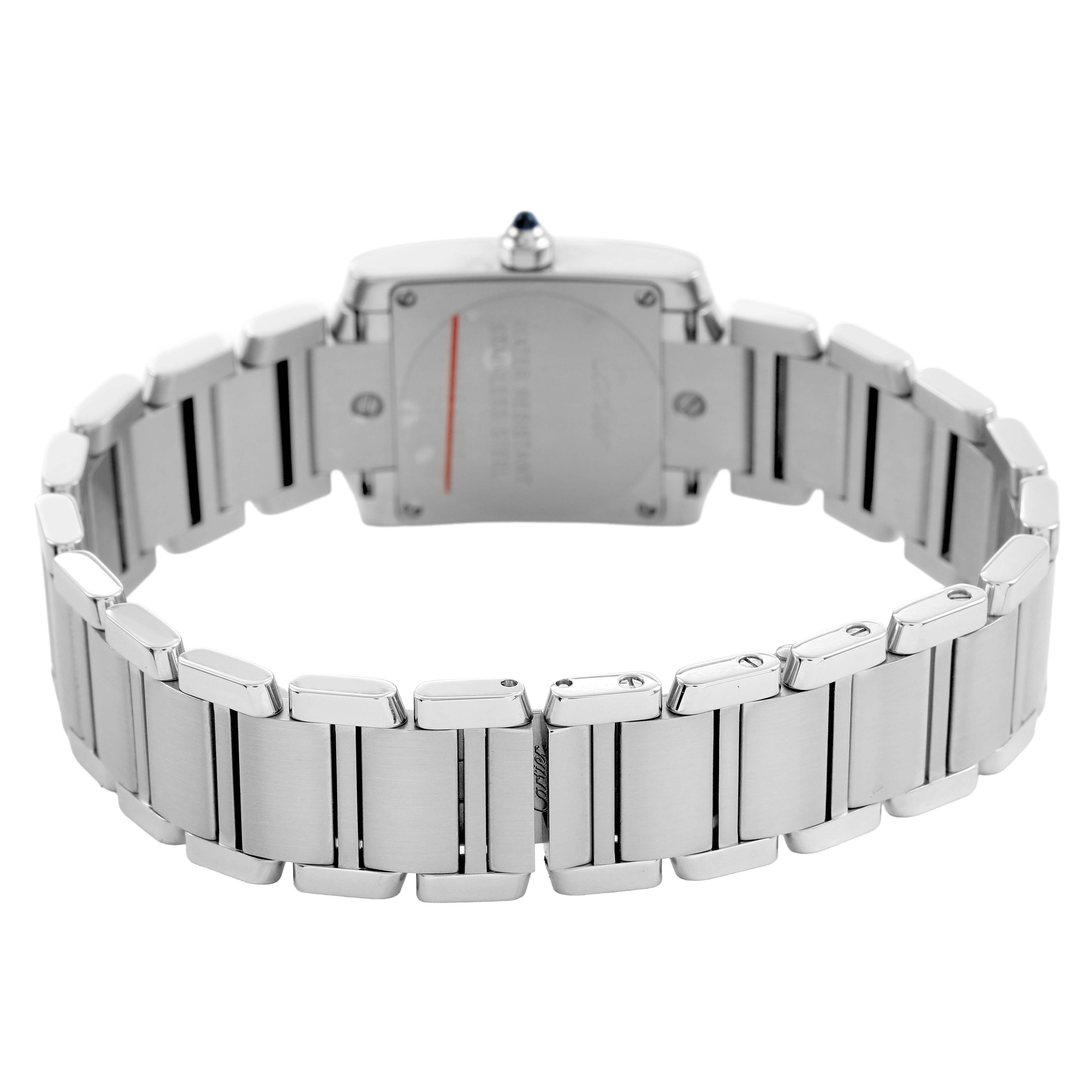 The image shows a Cartier Tank Française watch from the back, highlighting the bracelet and case back.
