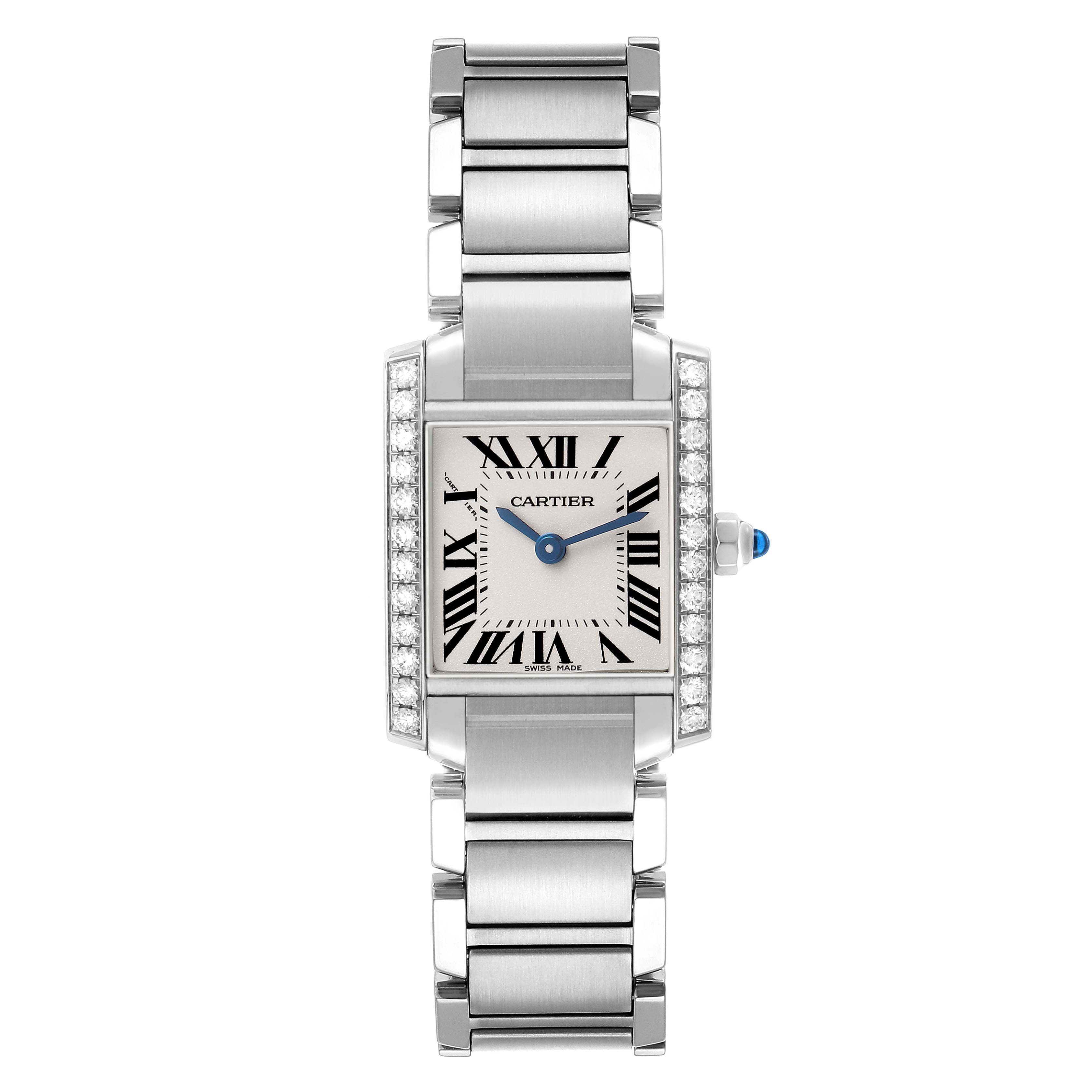 The Cartier Tank Française watch is shown from a front view, displaying the face, bracelet, and side details.