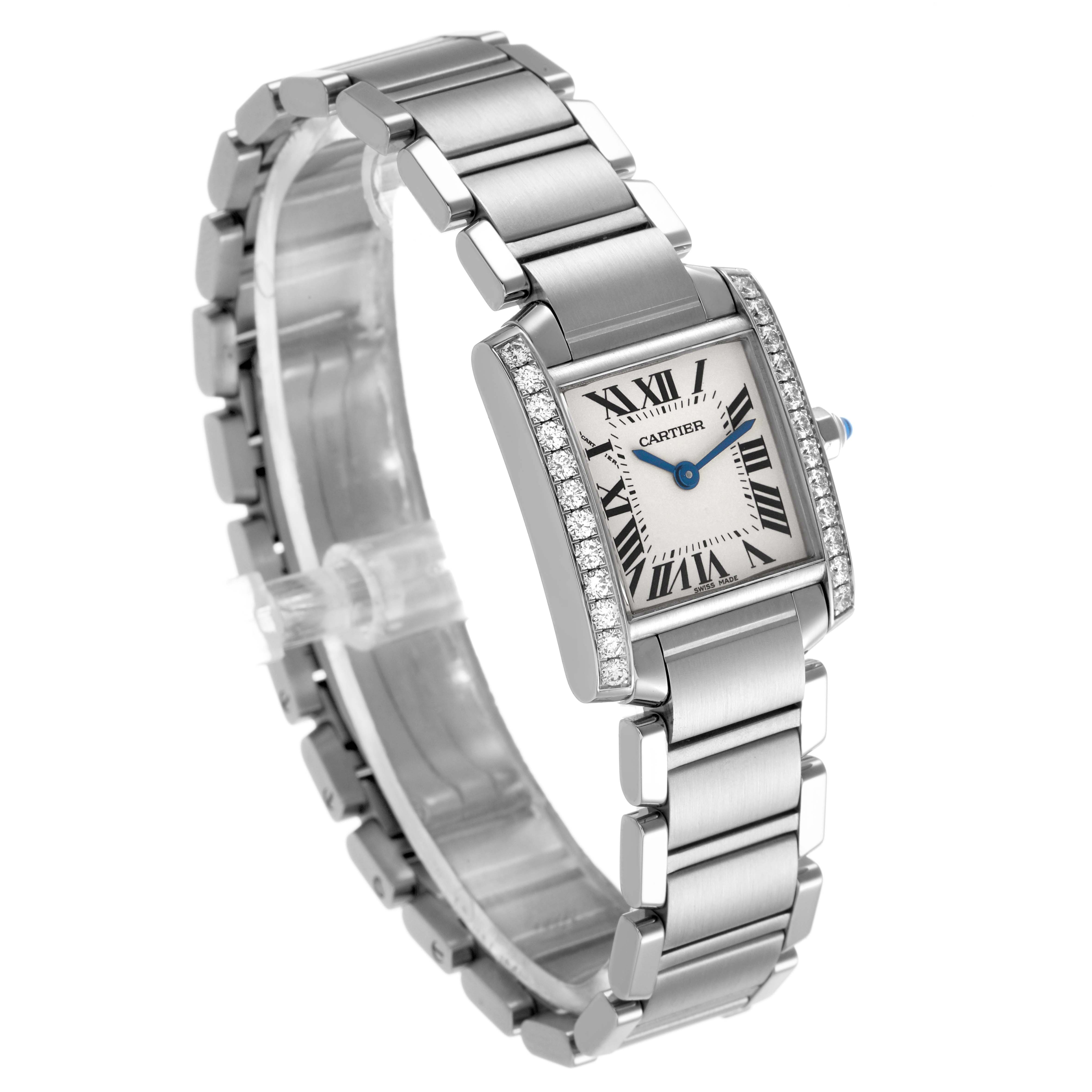The Cartier Tank Française watch is shown at an angled view, highlighting the rectangular face, Roman numerals, and metal bracelet.
