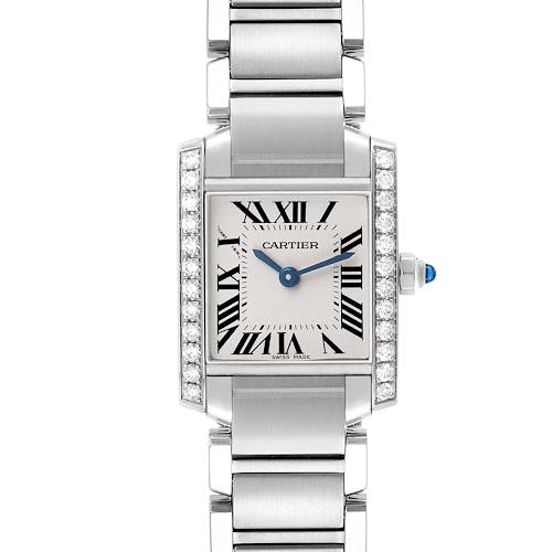 The Cartier Tank Francaise W4TA0008 Women's Stainless Steel Silver Dial watch is shown from the front, featuring its rectangular dial, Roman numerals, and metal bracelet with a bejeweled bezel.