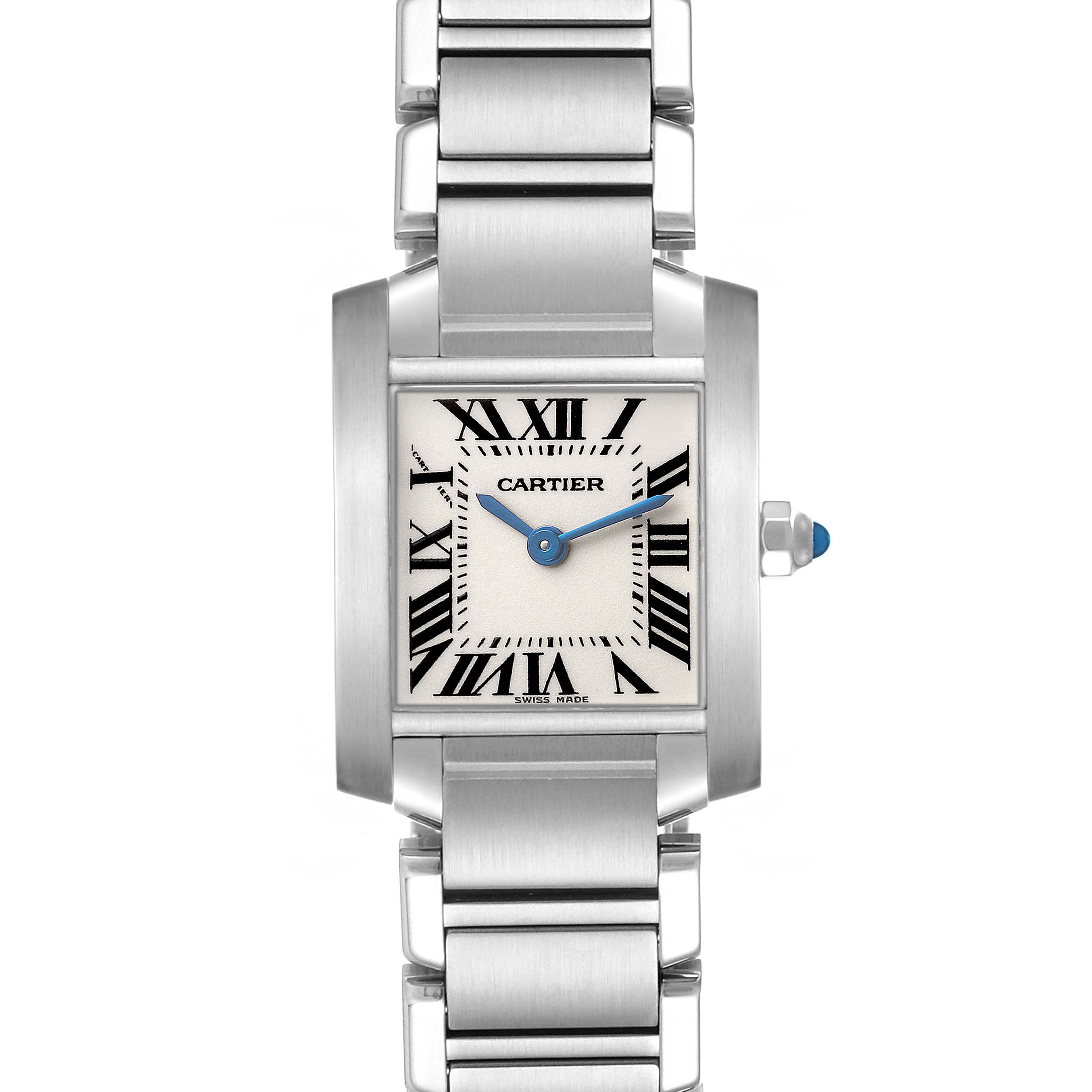 The Cartier Tank Française watch is shown in a frontal view, highlighting its rectangular case, dial, and bracelet.