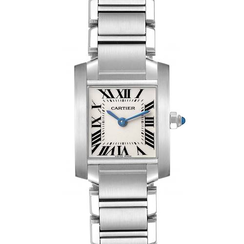 The Cartier Tank Française watch is shown from a top-down angle, displaying its rectangular face, blue hands, and metal bracelet.