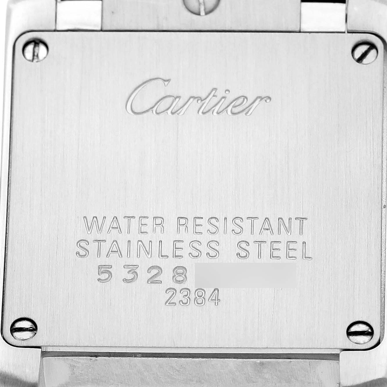 The image shows the back of the Cartier Tank Francaise W51008Q3 Women's Stainless Steel Silver Dial watch, highlighting its water resistance and stainless steel material.