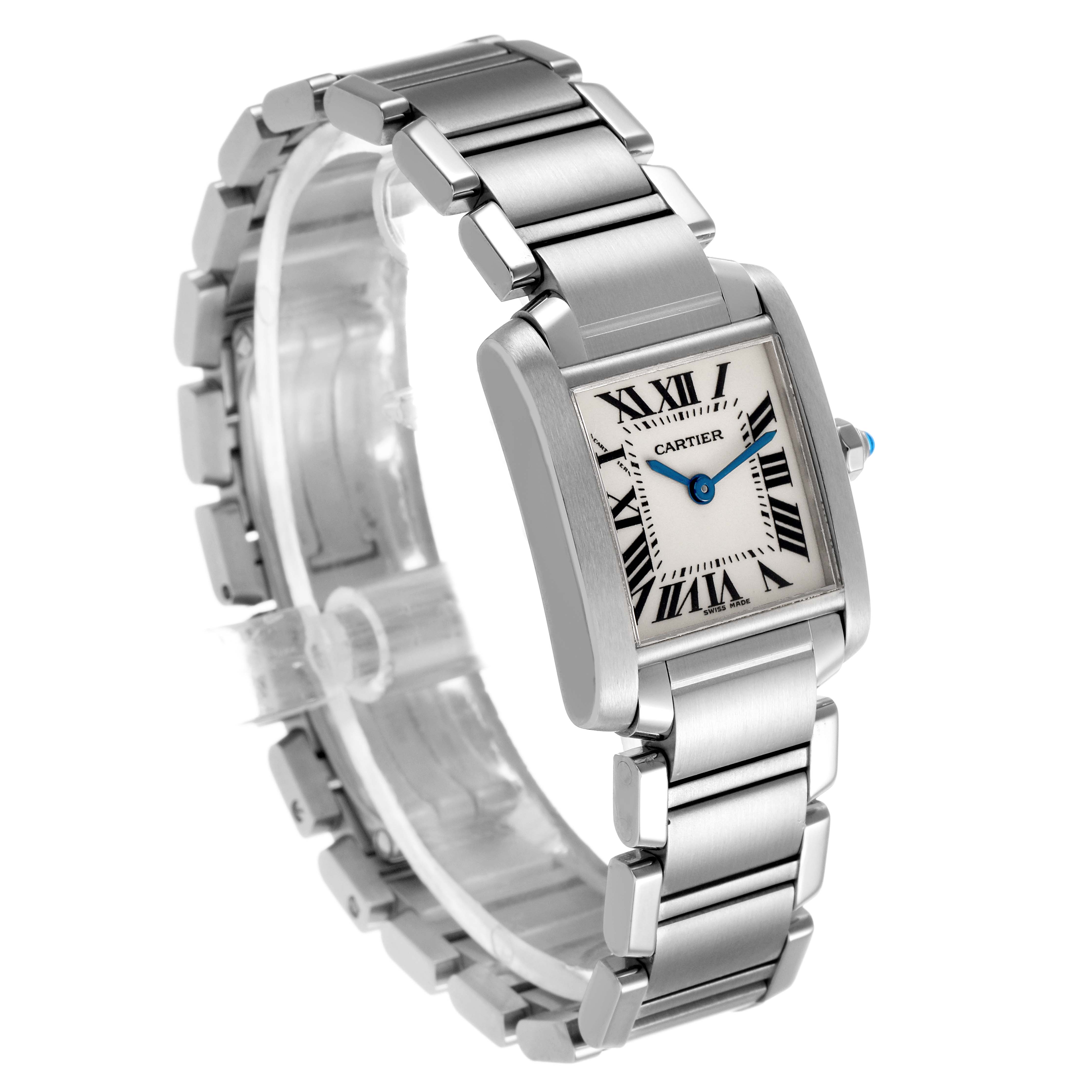 The Cartier Tank Francaise W51008Q3 Women's Stainless Steel Silver Dial watch is shown from a front-left angle highlighting its rectangular face, Roman numerals, and metal bracelet.