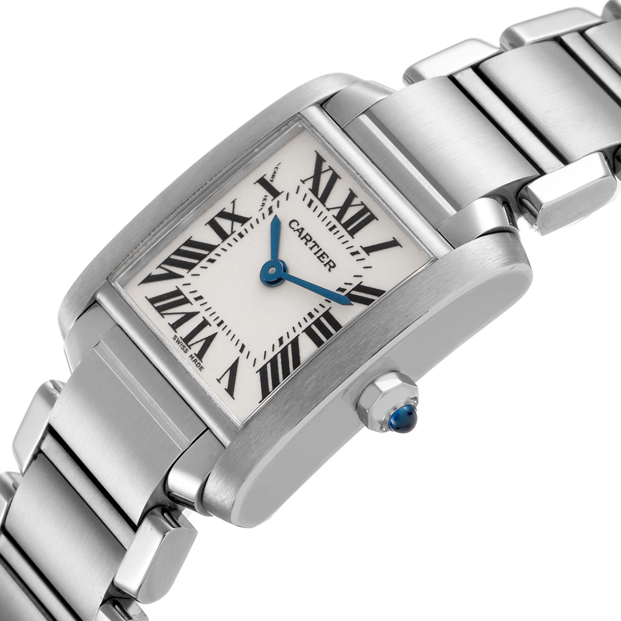 The Cartier Tank Française watch is shown at an angled view, displaying its rectangular face, Roman numeral dial, and metal bracelet.
