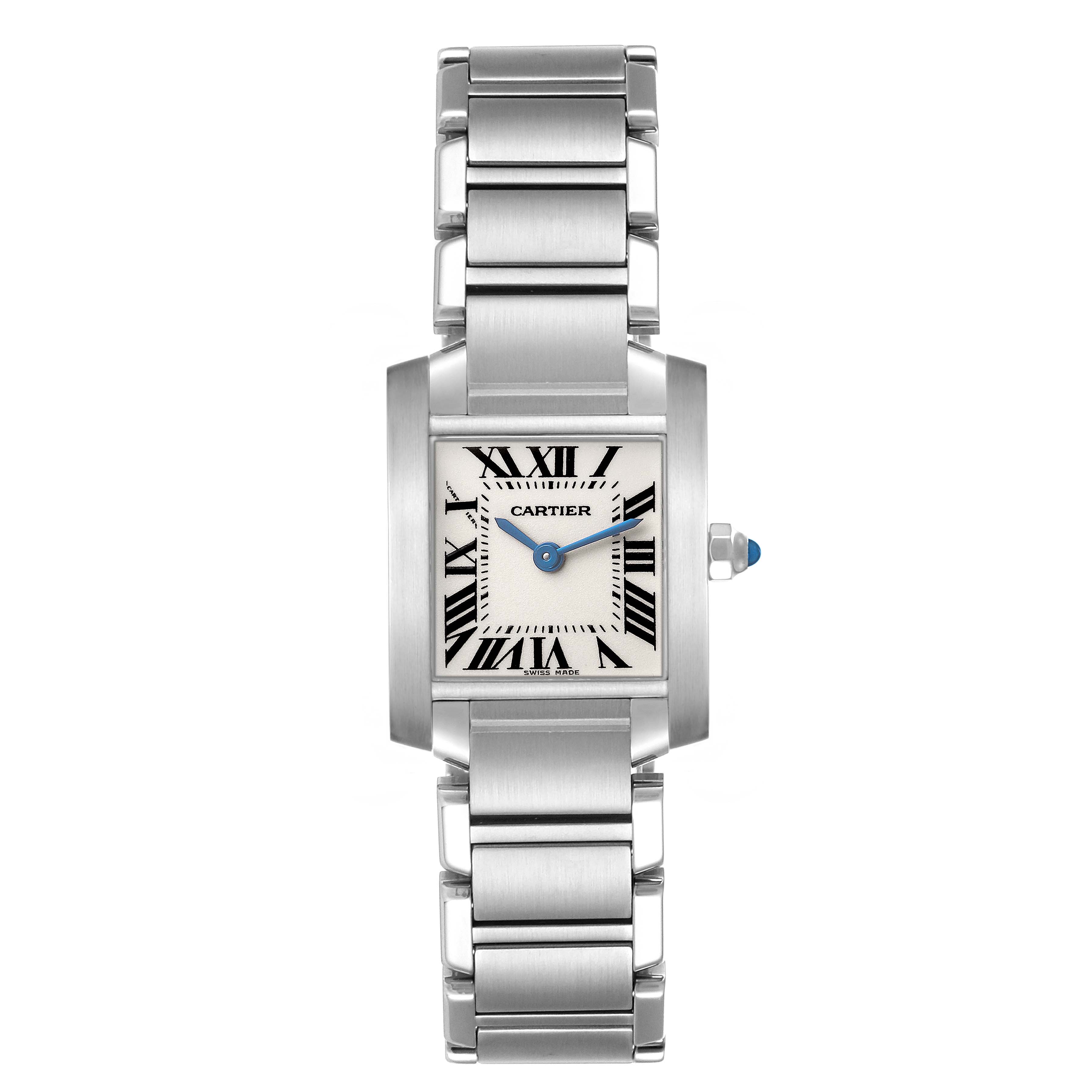 The Cartier Tank Francaise W51008Q3 Women's Stainless Steel Silver Dial watch is shown from a front angle, displaying its face, Roman numerals, and metal bracelet.