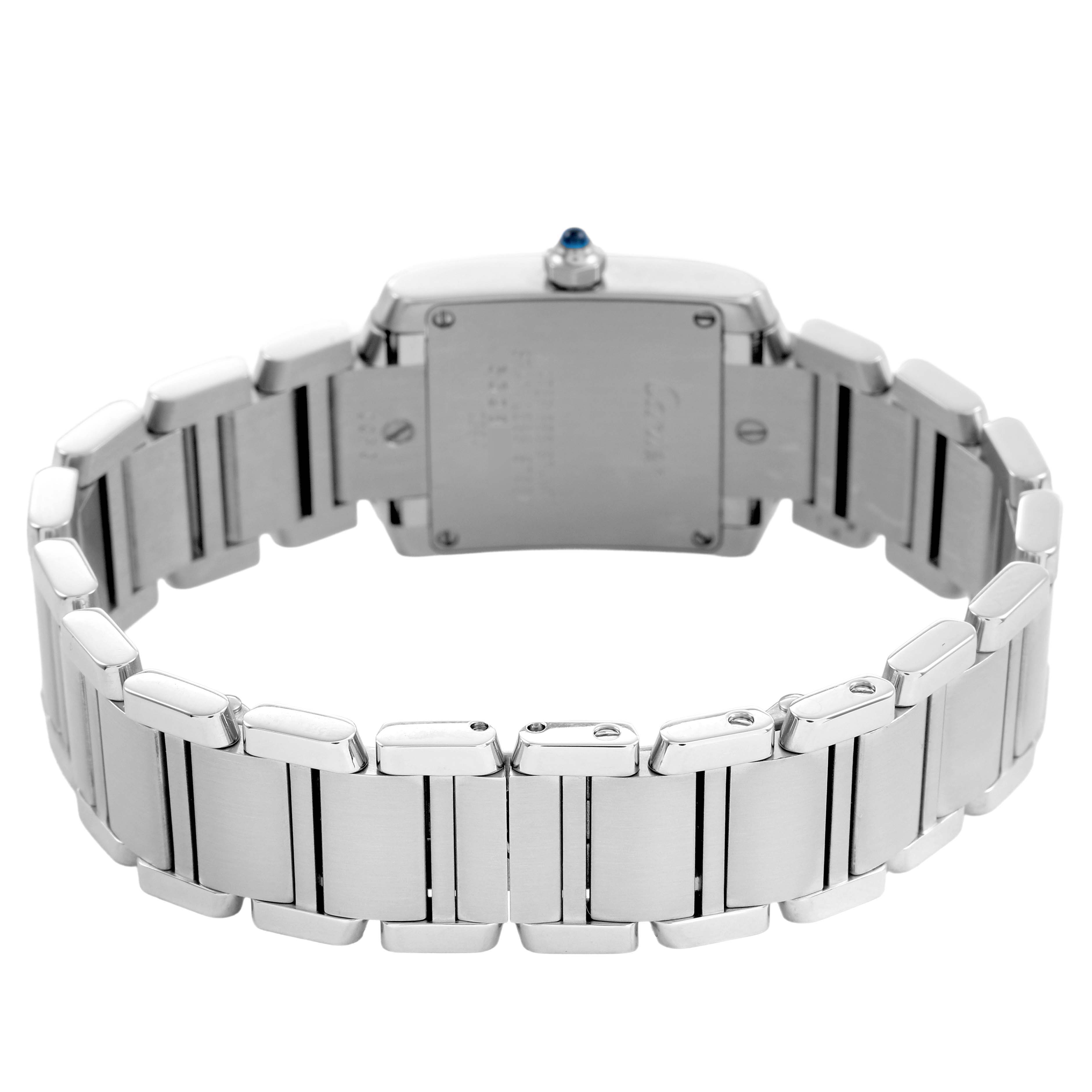 The image shows the back view of a Cartier Tank Française watch, highlighting the stainless steel bracelet and caseback.