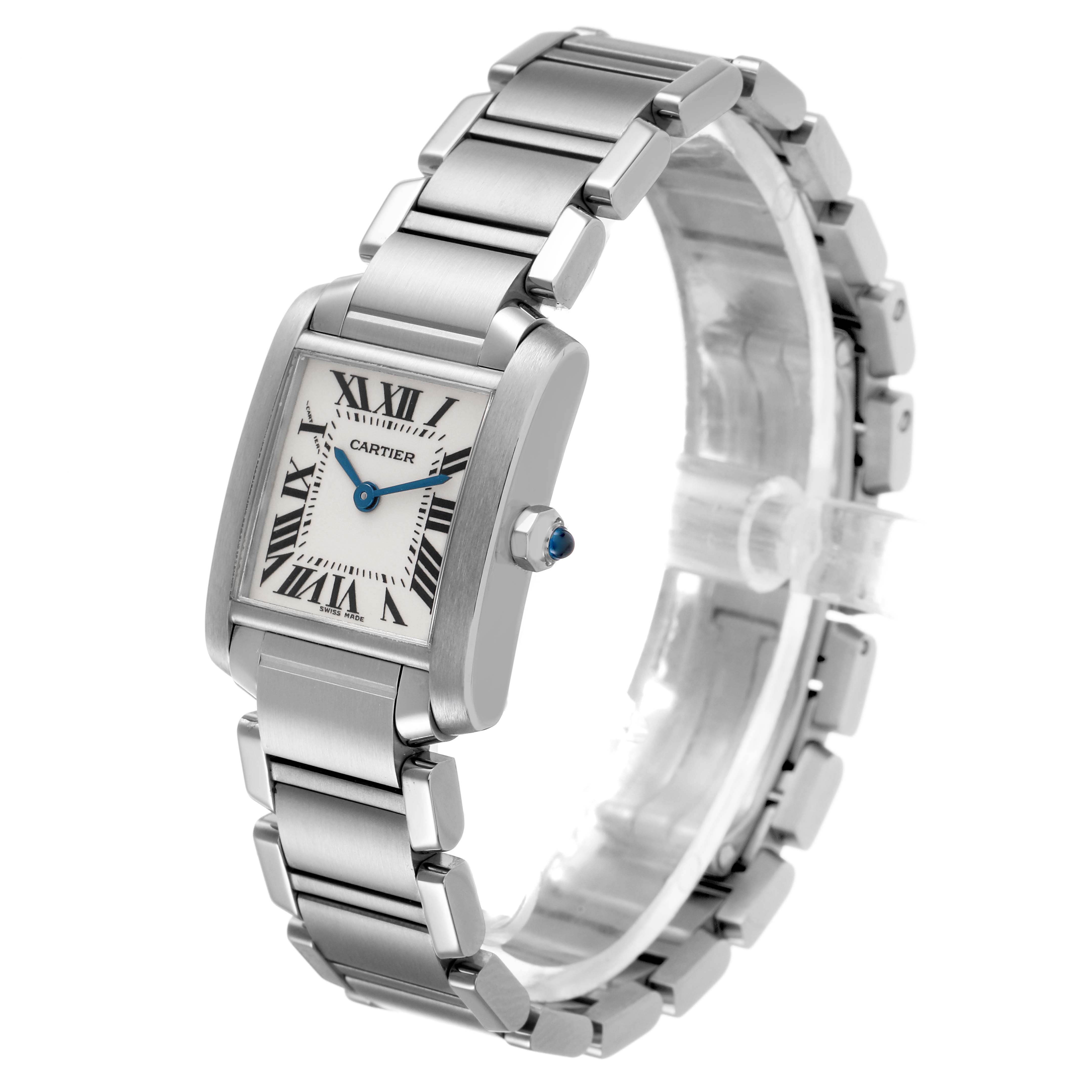 The Cartier Tank Francaise W51008Q3 Women's Stainless Steel Silver Dial watch is shown from a slight side angle, highlighting the face, crown, and metal bracelet.