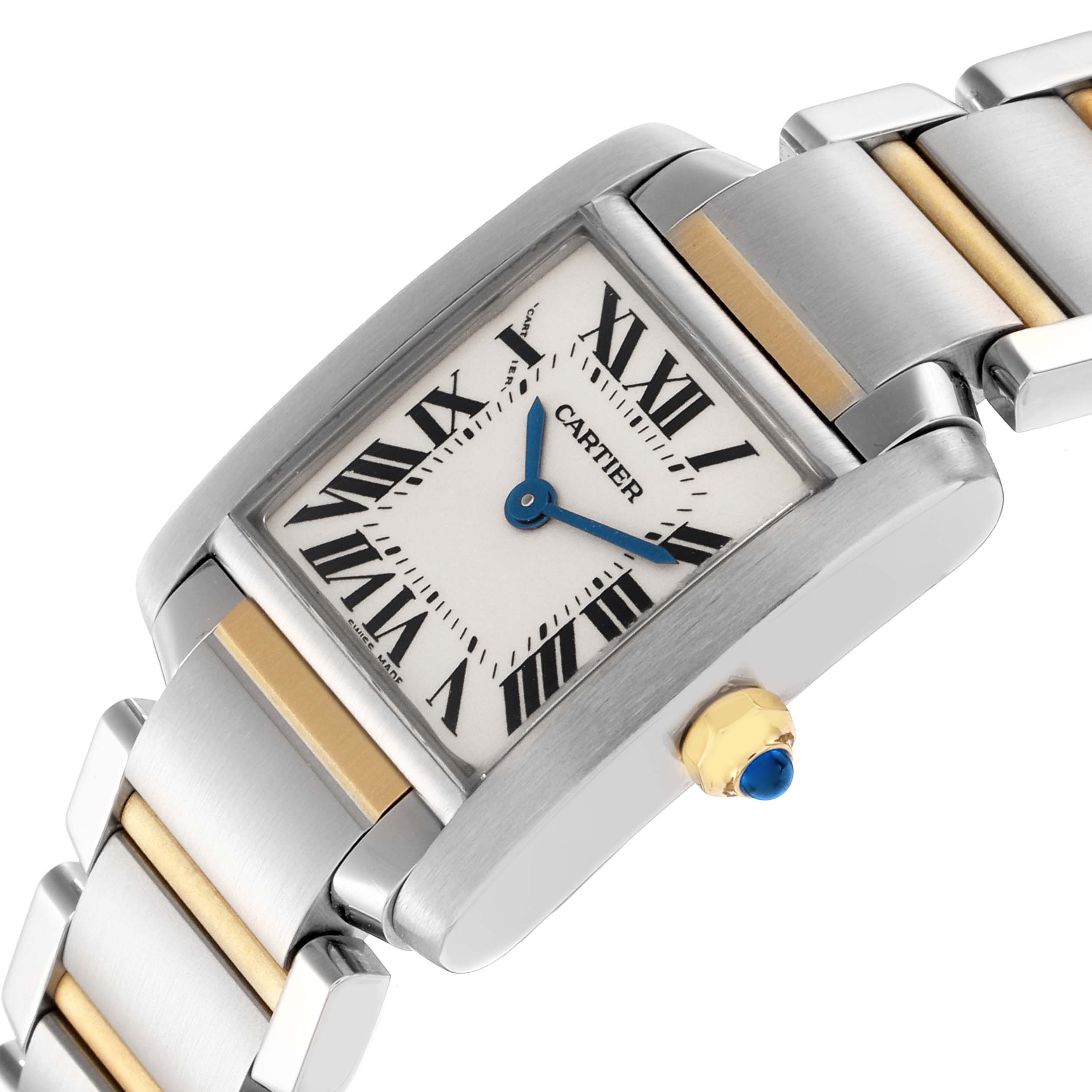 The Cartier Tank Francaise W51007Q4 Women's Steel and Gold (two tone) Silver Dial W51007Q4 Women's Steel and Gold (two tone) Silver Dial watch is shown at an angle highlighting the face, Roman numerals, bracelet, and gold crown with a blue cabochon.