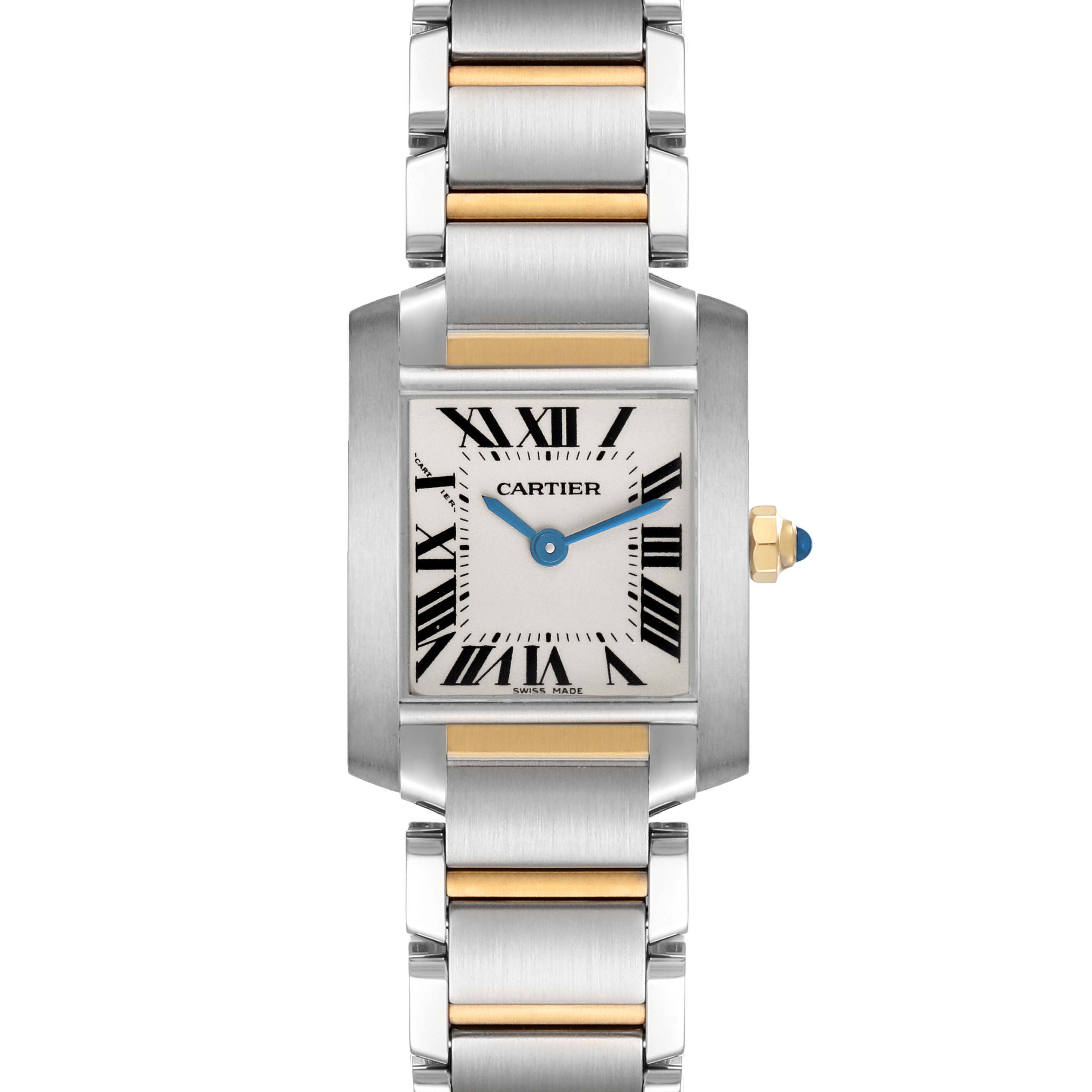 The Cartier Tank Française watch is shown from a front angle, displaying the face, bracelet, and crown.