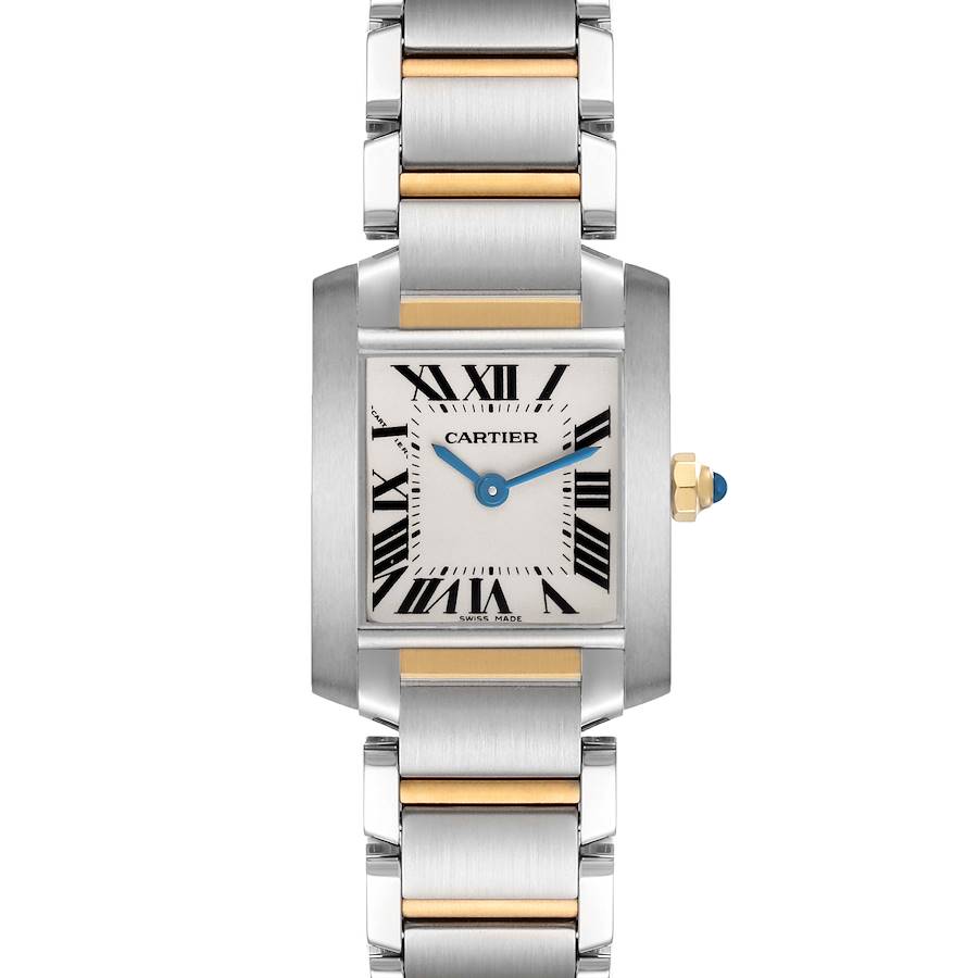 The Cartier Tank Française watch is shown from a front angle, displaying the face, bracelet, and crown.