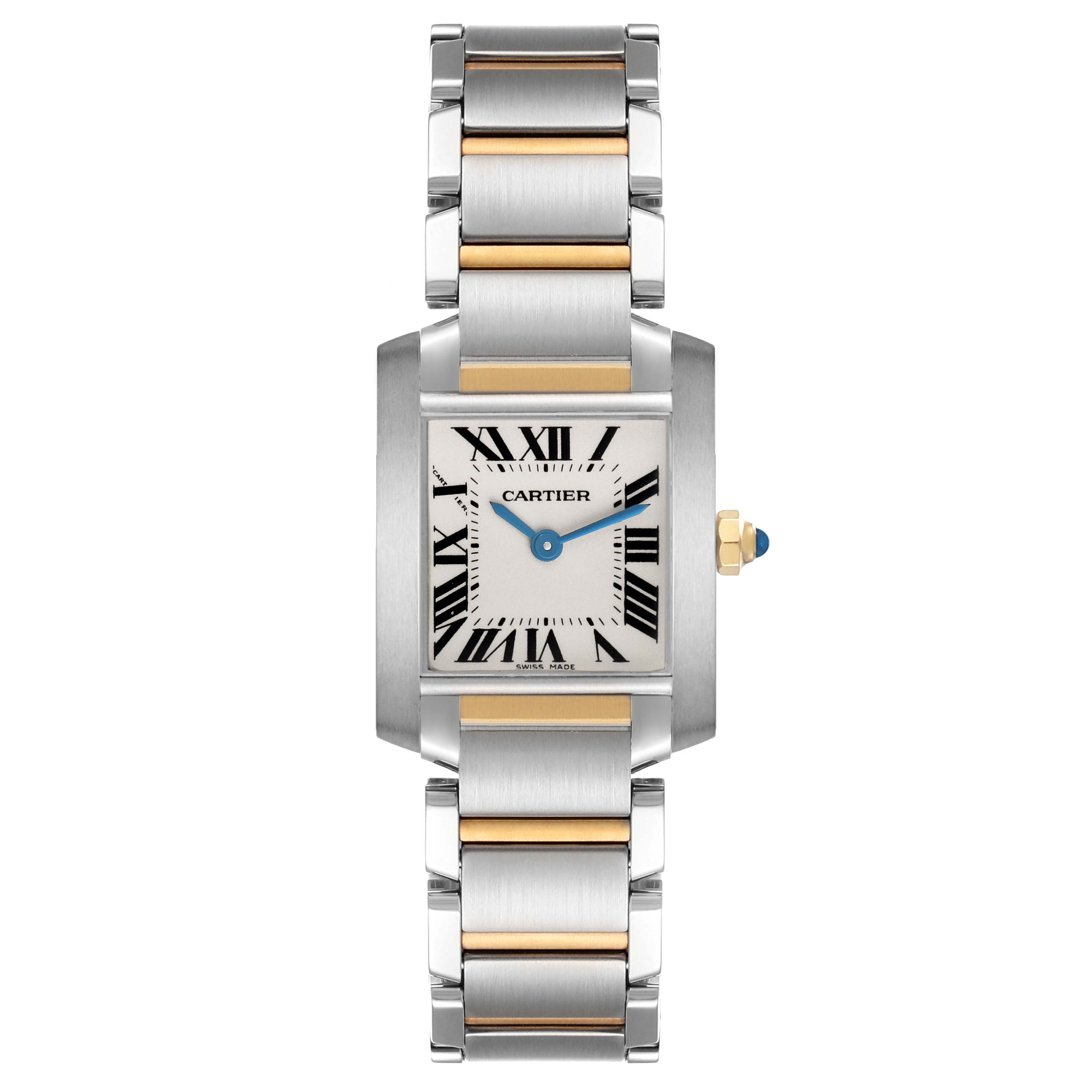 The Cartier Tank Française watch is shown from a top view, displaying its face, bracelet, and crown.