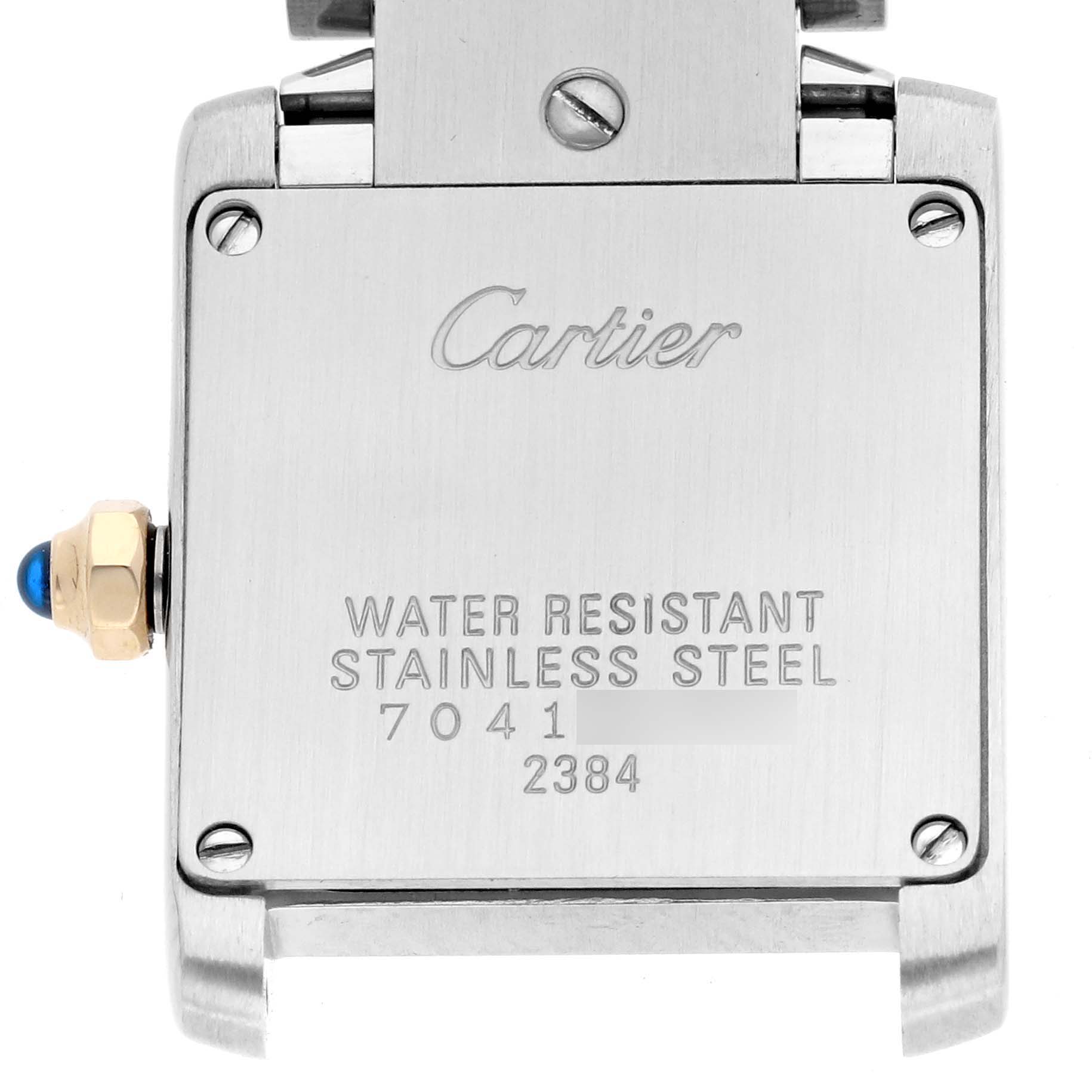 The image shows the back of a Cartier Tank Francaise W51007Q4 Women's Steel and Gold (two tone) Silver Dial W51007Q4 Women's Steel and Gold (two tone) Silver Dial watch, highlighting the stainless steel case and markings.