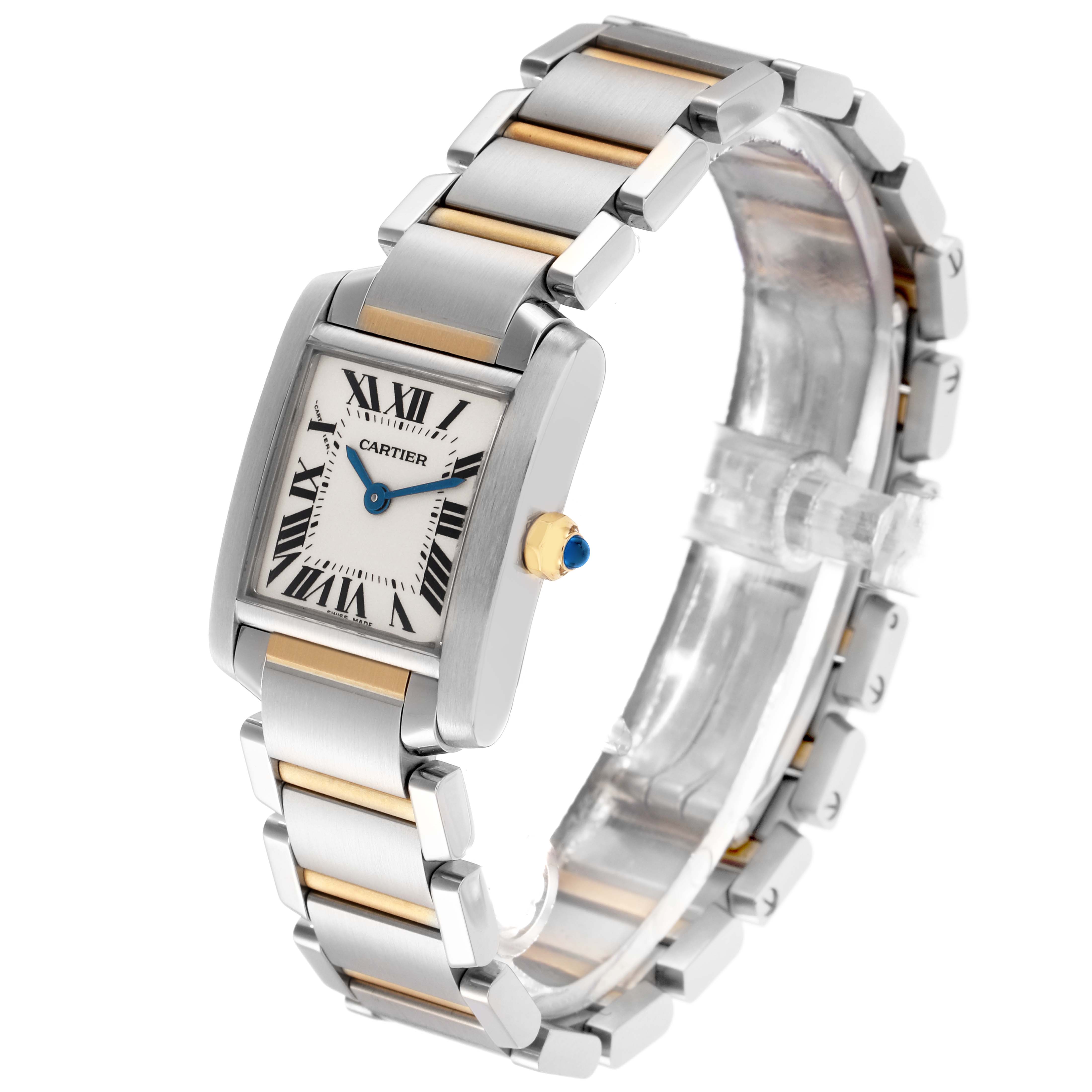 The Cartier Tank Francaise W51007Q4 Women's Steel and Gold (two tone) Silver Dial W51007Q4 Women's Steel and Gold (two tone) Silver Dial watch is shown from an angled view displaying the face, bracelet, crown, and two-tone design.