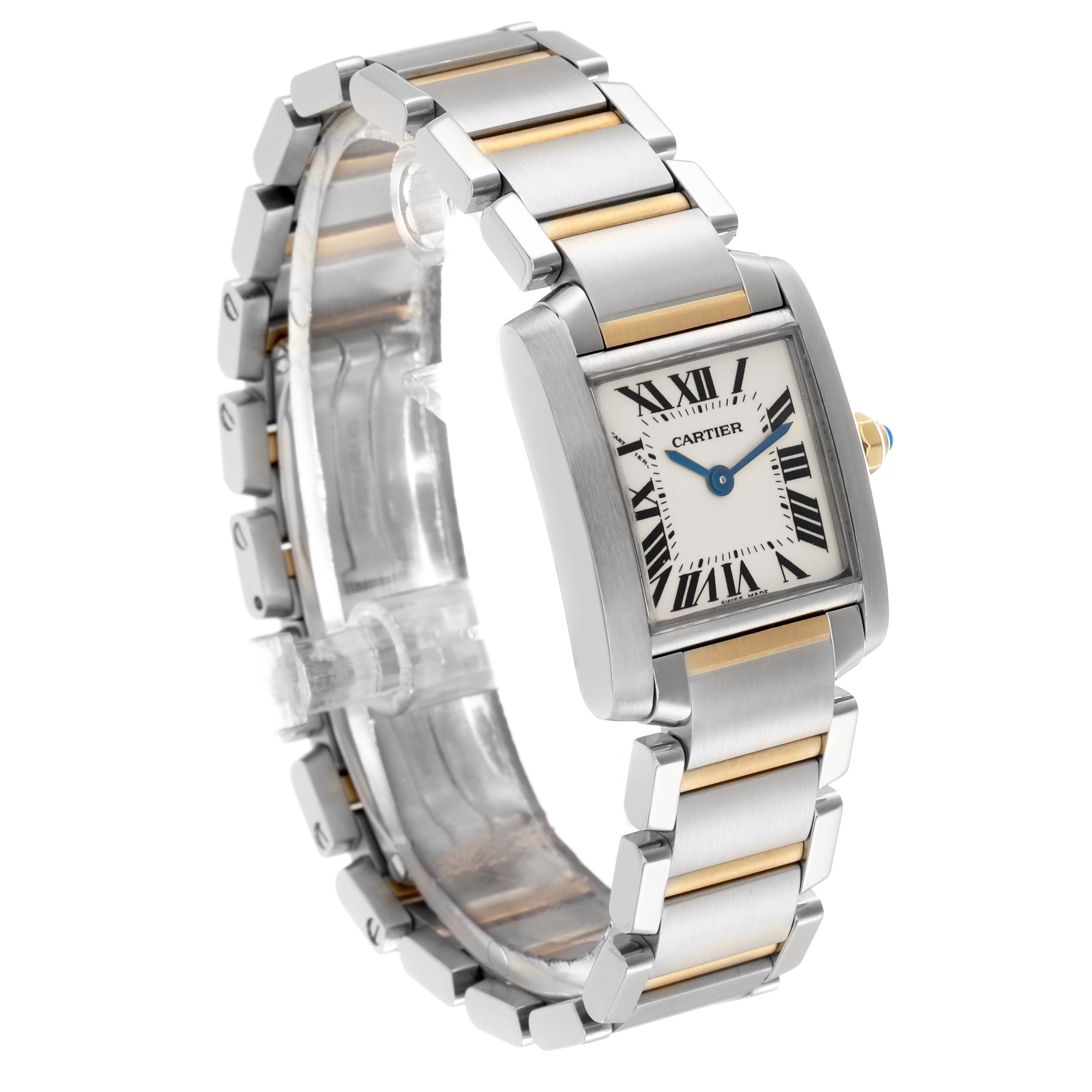 The Cartier Tank Francaise W51007Q4 Women's Steel and Gold (two tone) Silver Dial W51007Q4 Women's Steel and Gold (two tone) Silver Dial watch is shown at a three-quarter angle, highlighting the dial, bracelet, and crown.