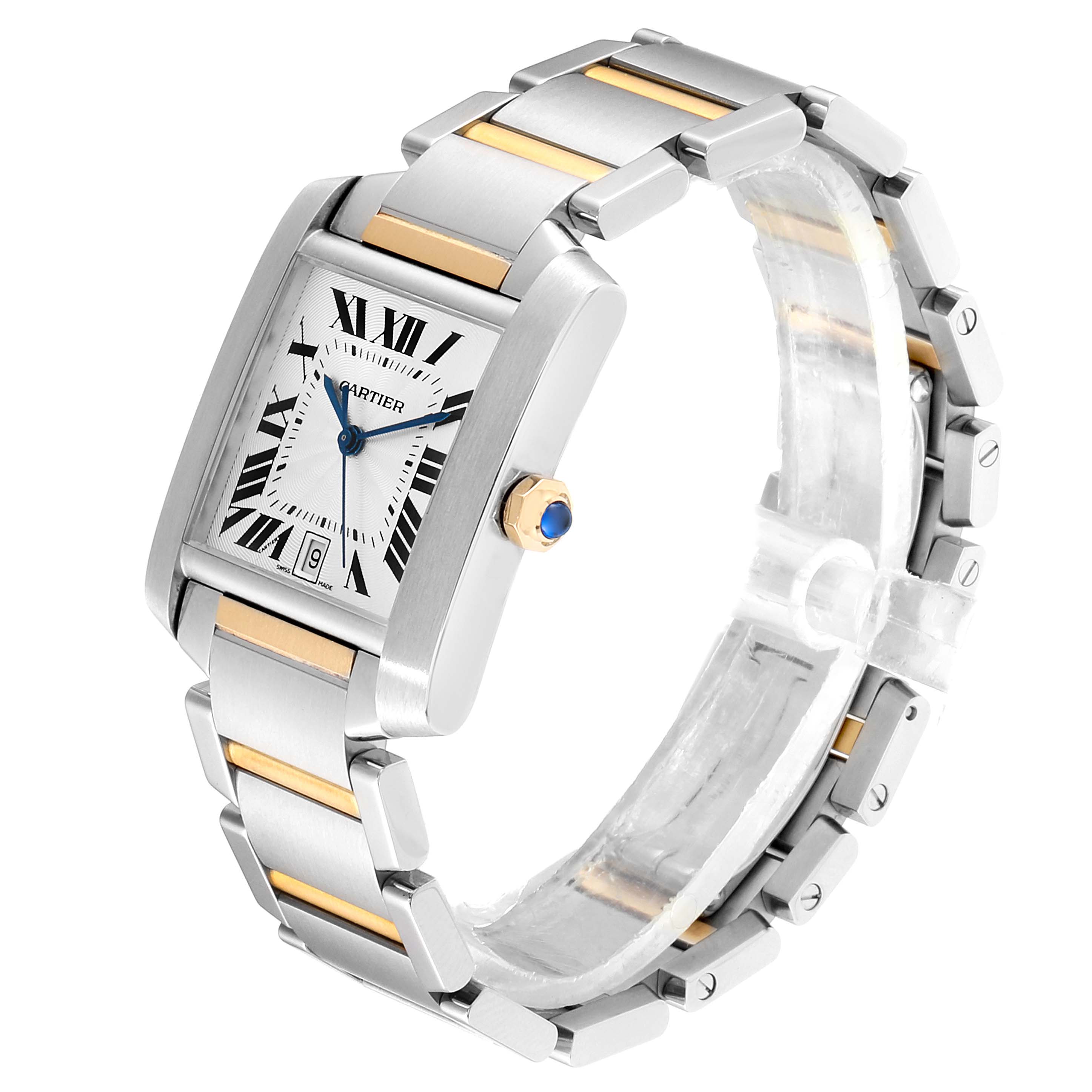 This image shows a Cartier Tank Francaise W51005Q4 Men's Steel and Gold (two tone) Silver Dial W51005Q4 Men's Steel and Gold (two tone) Silver Dial watch featuring its face, bracelet, crown, and dial from a three-quarter angle.