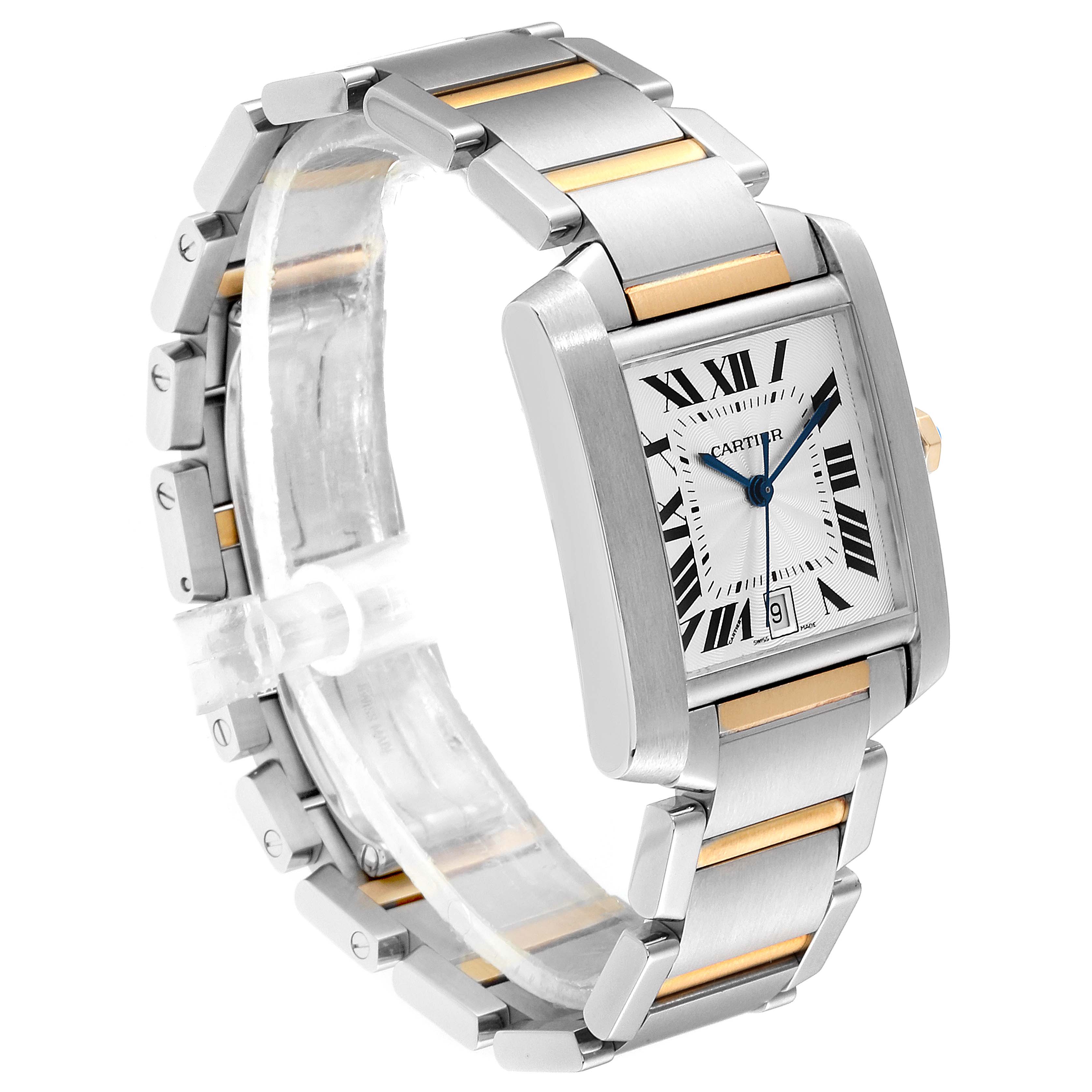 The image shows a Cartier Tank Francaise W51005Q4 Men's Steel and Gold (two tone) Silver Dial W51005Q4 Men's Steel and Gold (two tone) Silver Dial watch at a three-quarter angle, highlighting the bracelet, case, and dial.