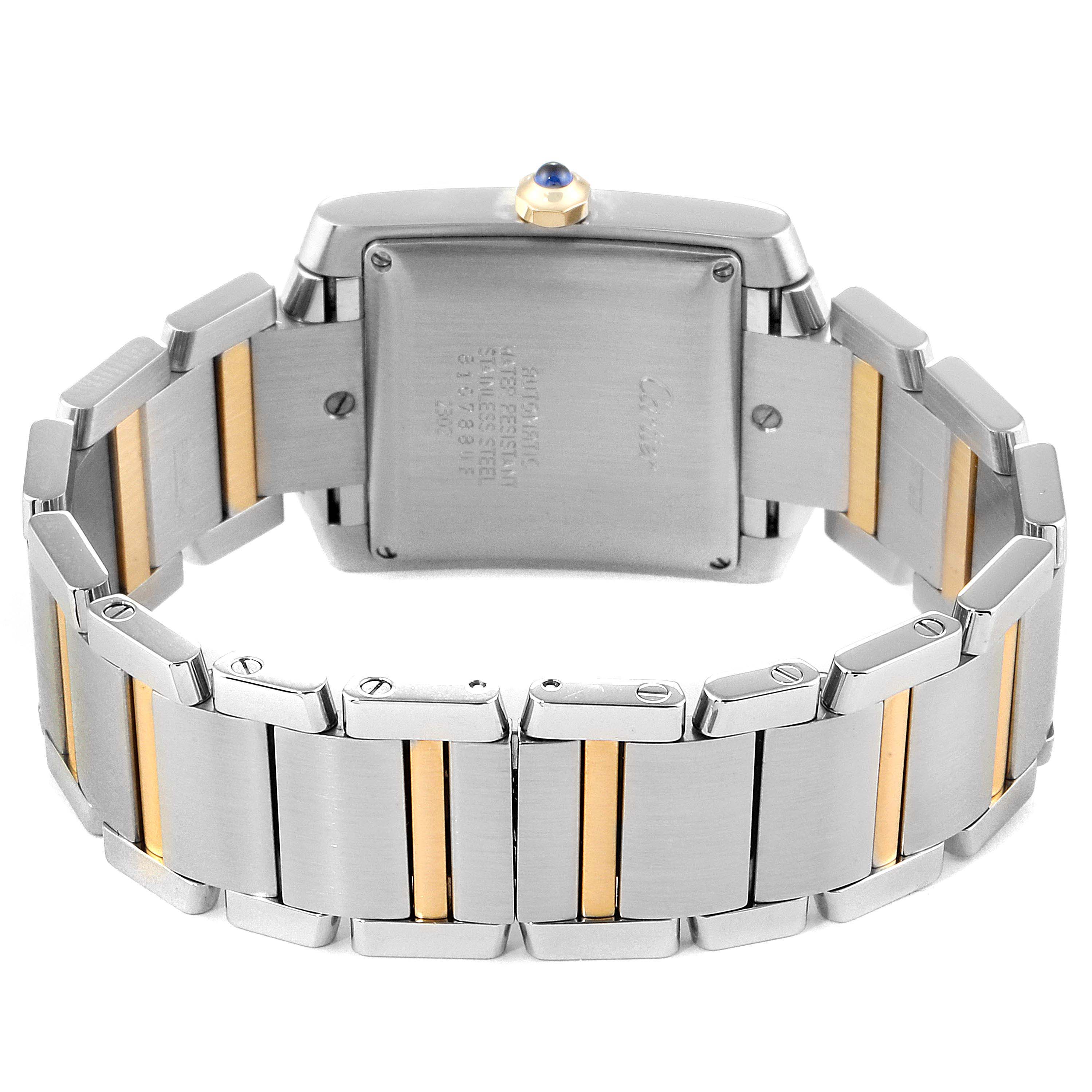 The image shows the back view of the Cartier Tank Francaise W51005Q4 Men's Steel and Gold (two tone) Silver Dial W51005Q4 Men's Steel and Gold (two tone) Silver Dial watch, highlighting the stainless steel and gold bracelet and case back.