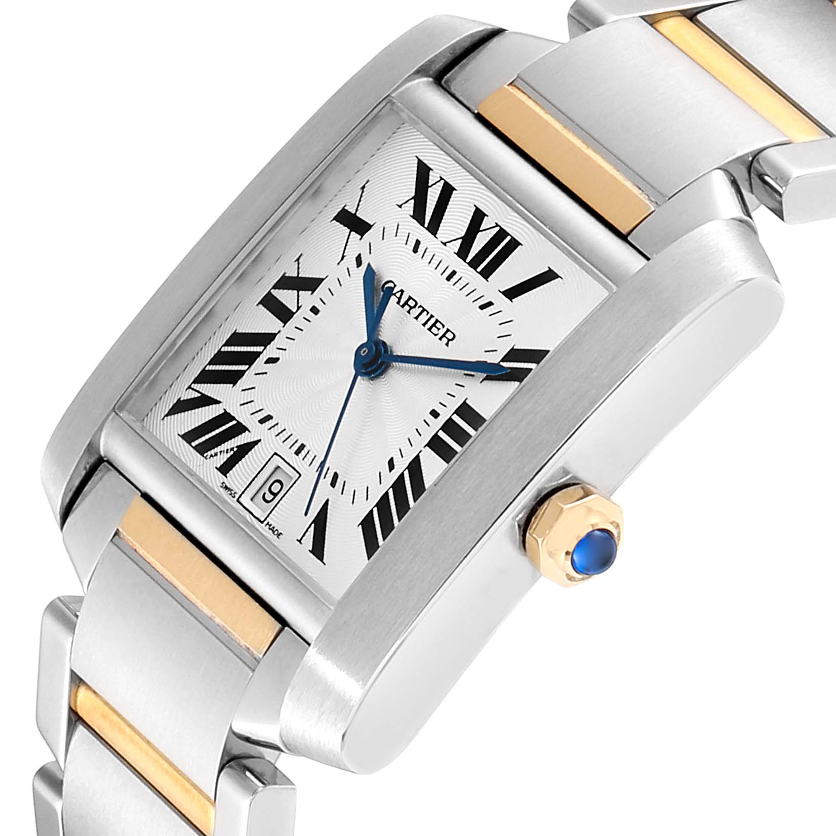 This image shows a close-up of the Cartier Tank Francaise W51005Q4 Men's Steel and Gold (two tone) Silver Dial W51005Q4 Men's Steel and Gold (two tone) Silver Dial watch, including the face, bracelet, crown, and date window.