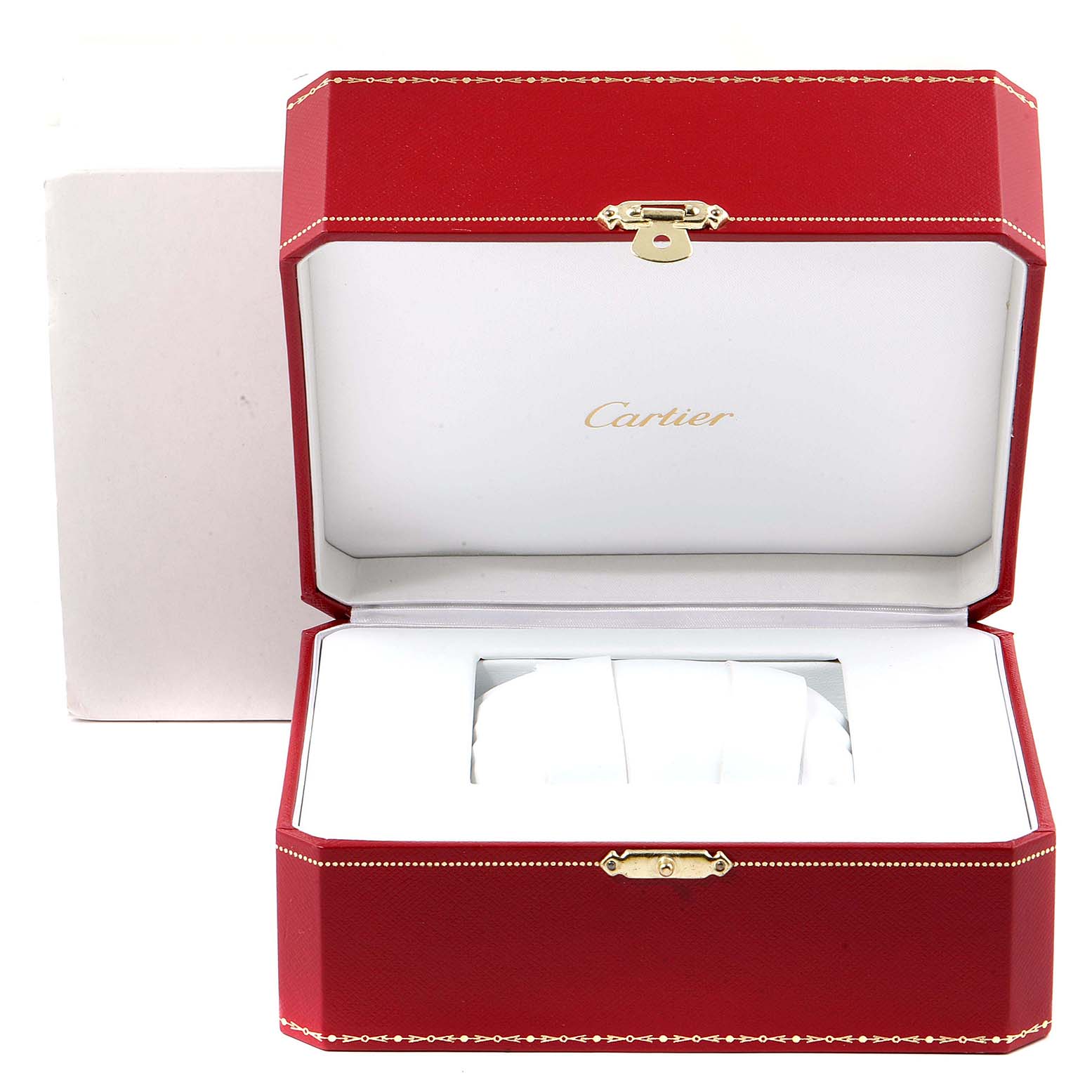 This image shows the open presentation box for the Cartier Tank Française watch.
