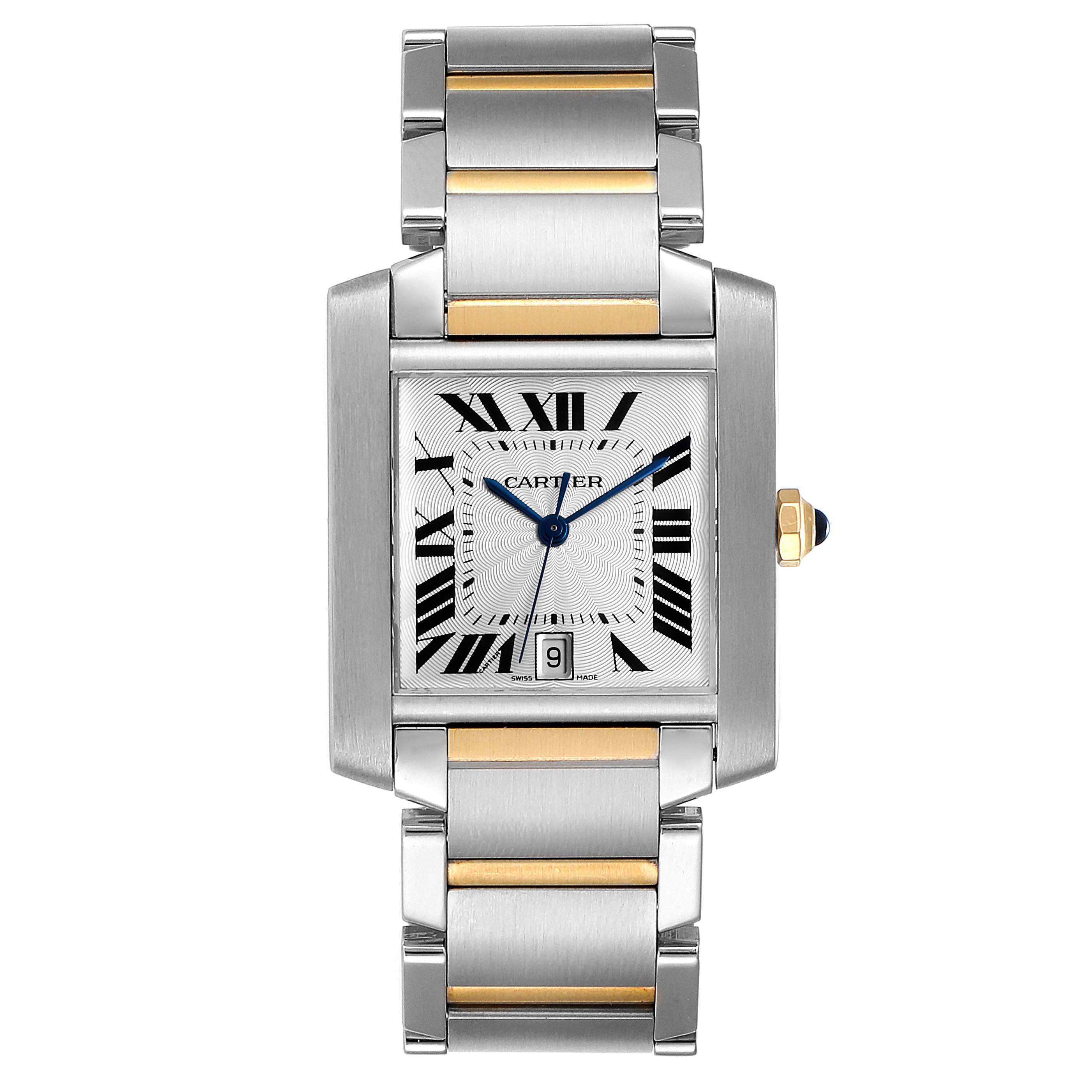 The Cartier Tank Française watch is shown from a front angle, displaying its rectangular face, bracelet, and crown with a blue cabochon.