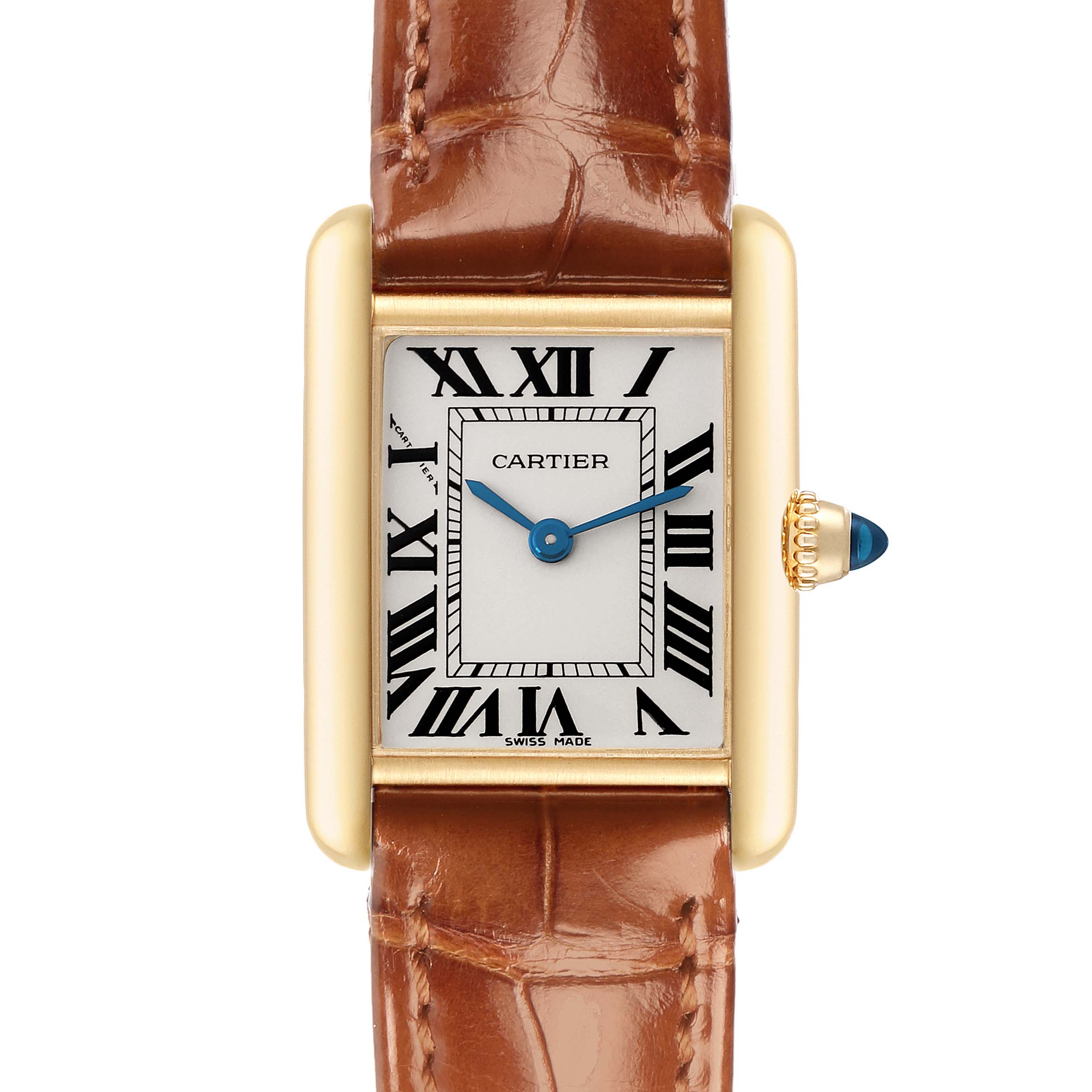 The Cartier Tank Louis W1529856 Women
s Yellow Gold Silver Dial W1529856 Women
s Yellow Gold Silver Dial watch is shown from the front, displaying the face, Roman numeral markers, and brown leather strap.