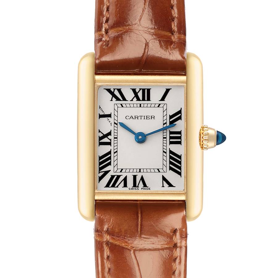 The Cartier Tank Louis watch is shown from the front, displaying the face, Roman numeral markers, and brown leather strap.