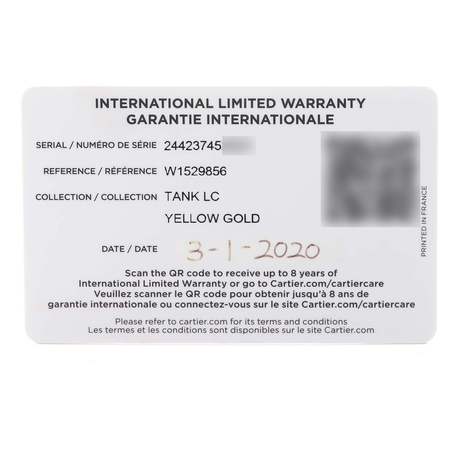 The image shows an International Limited Warranty card for the Cartier Tank Louis W1529856 Women
s Yellow Gold Silver Dial W1529856 Women
s Yellow Gold Silver Dial model, detailing serial and reference numbers.