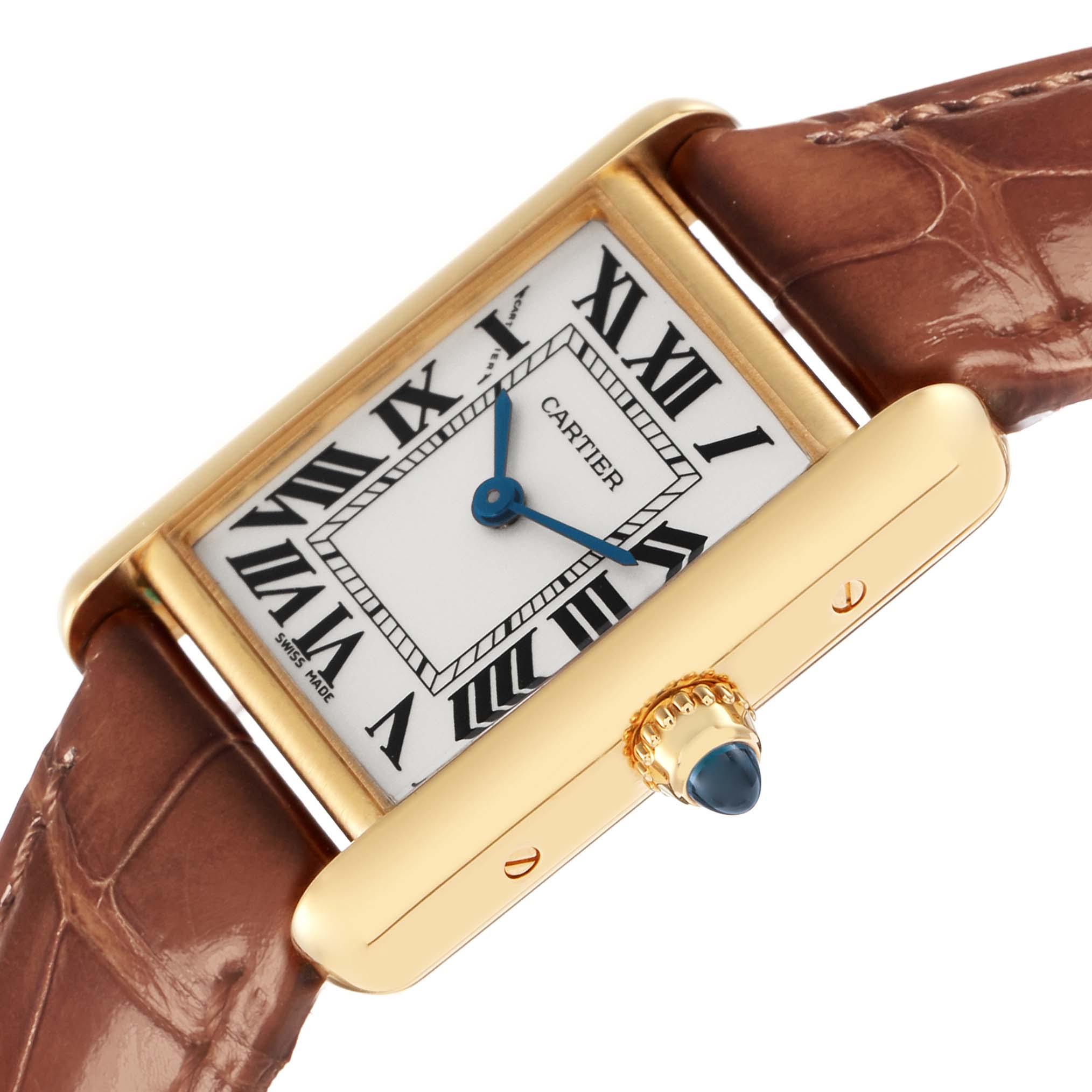 The Cartier Tank Louis W1529856 Women
s Yellow Gold Silver Dial W1529856 Women
s Yellow Gold Silver Dial watch is shown at a tilted angle, highlighting the rectangular face, Roman numerals, and a leather strap.